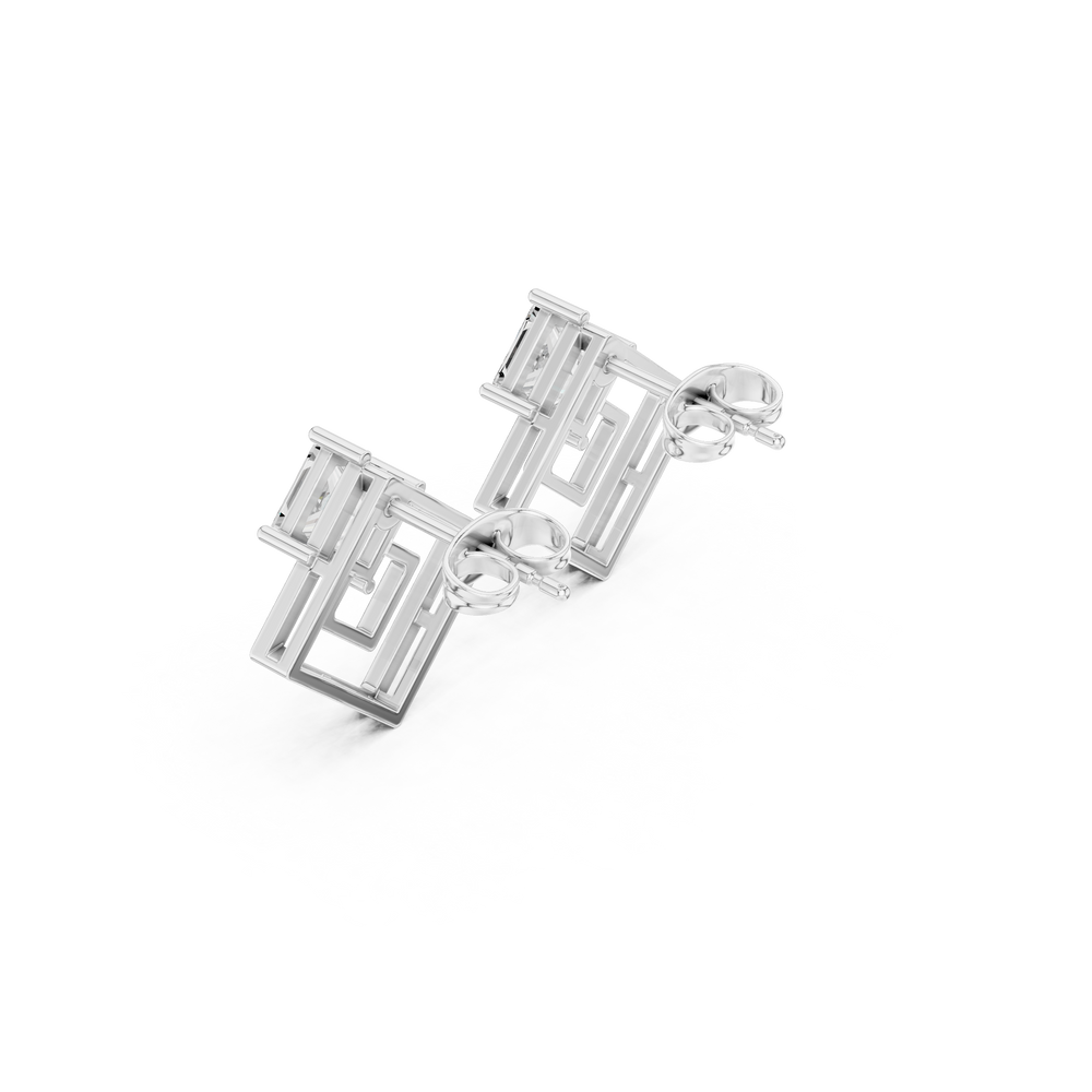 Princess cut solitaire top with a double open rhombus frame drop below