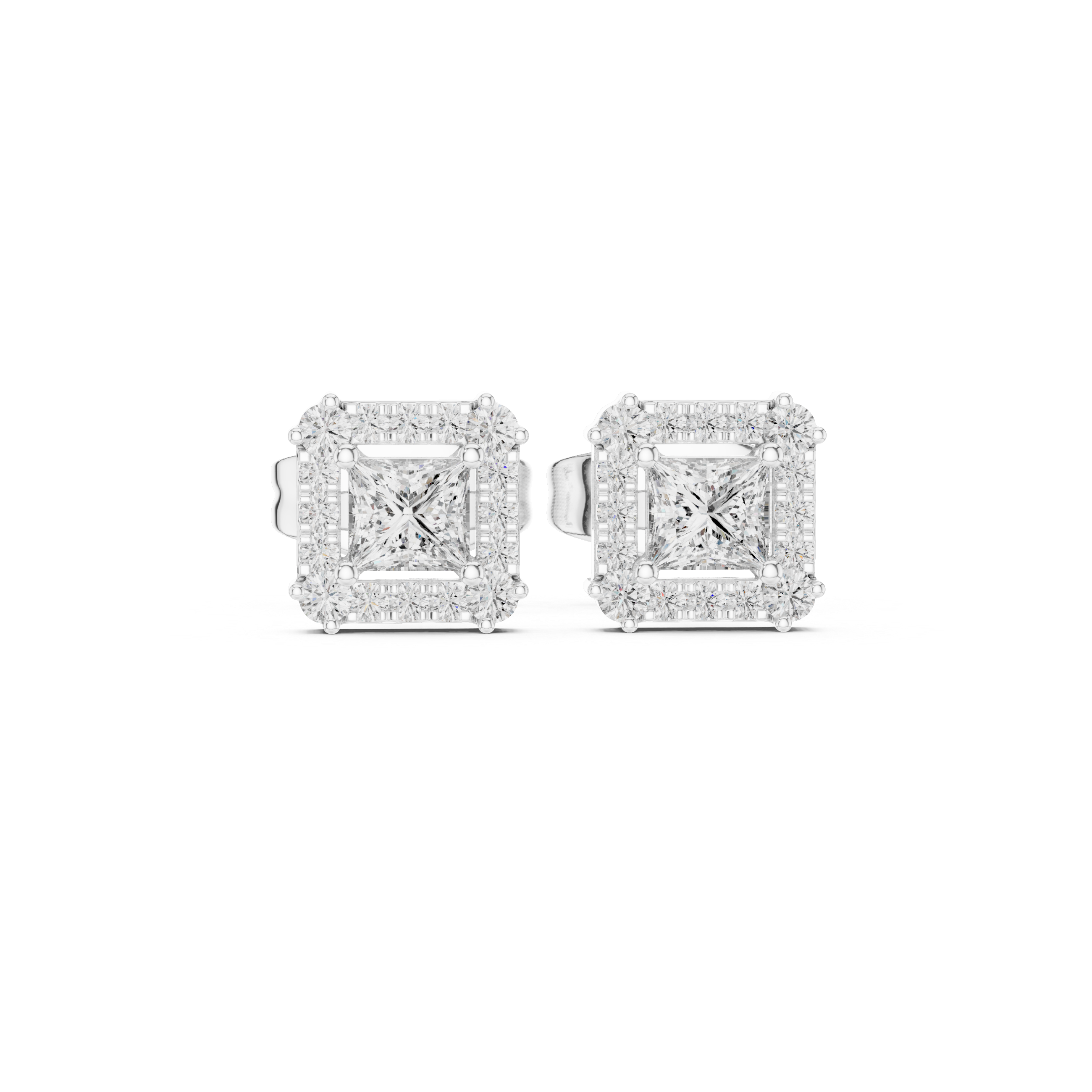 Princess cut halo stud earrings with square pave frame and princess cut centre stone