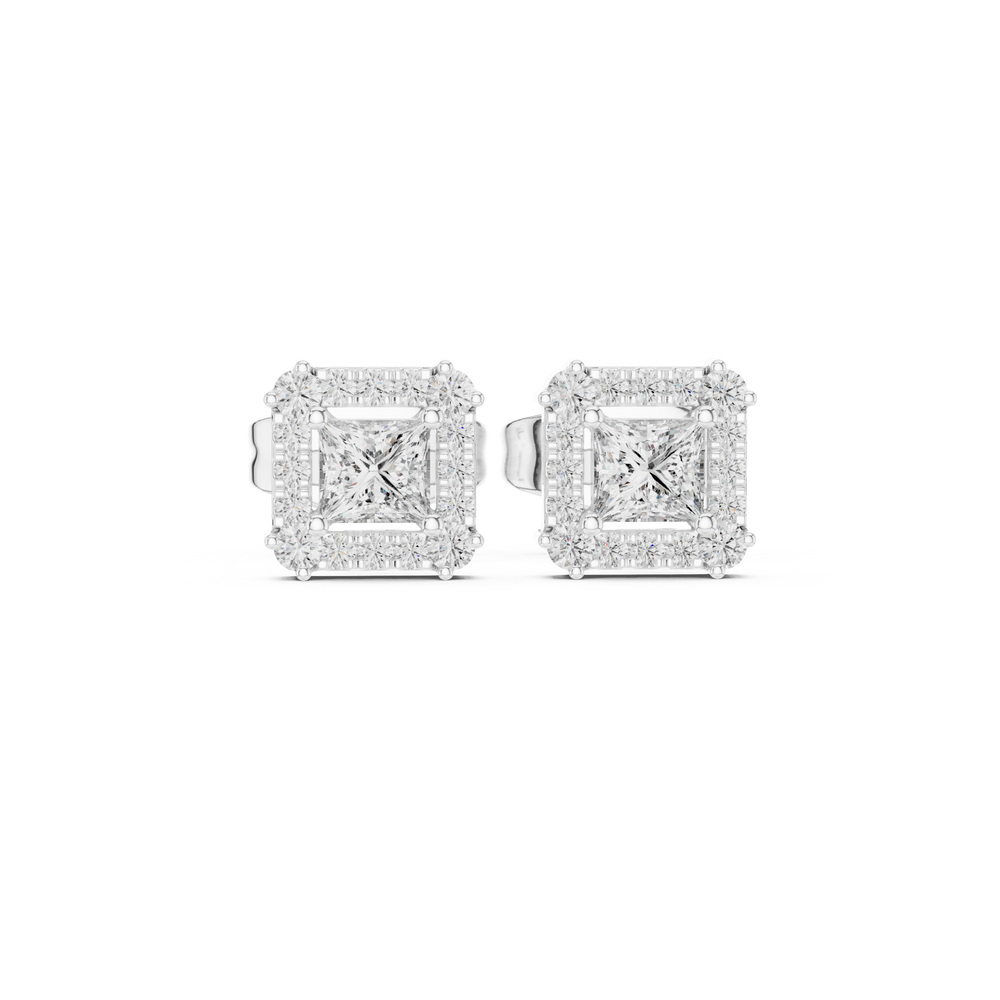 Princess cut halo stud earrings with square pave frame and princess cut centre stone