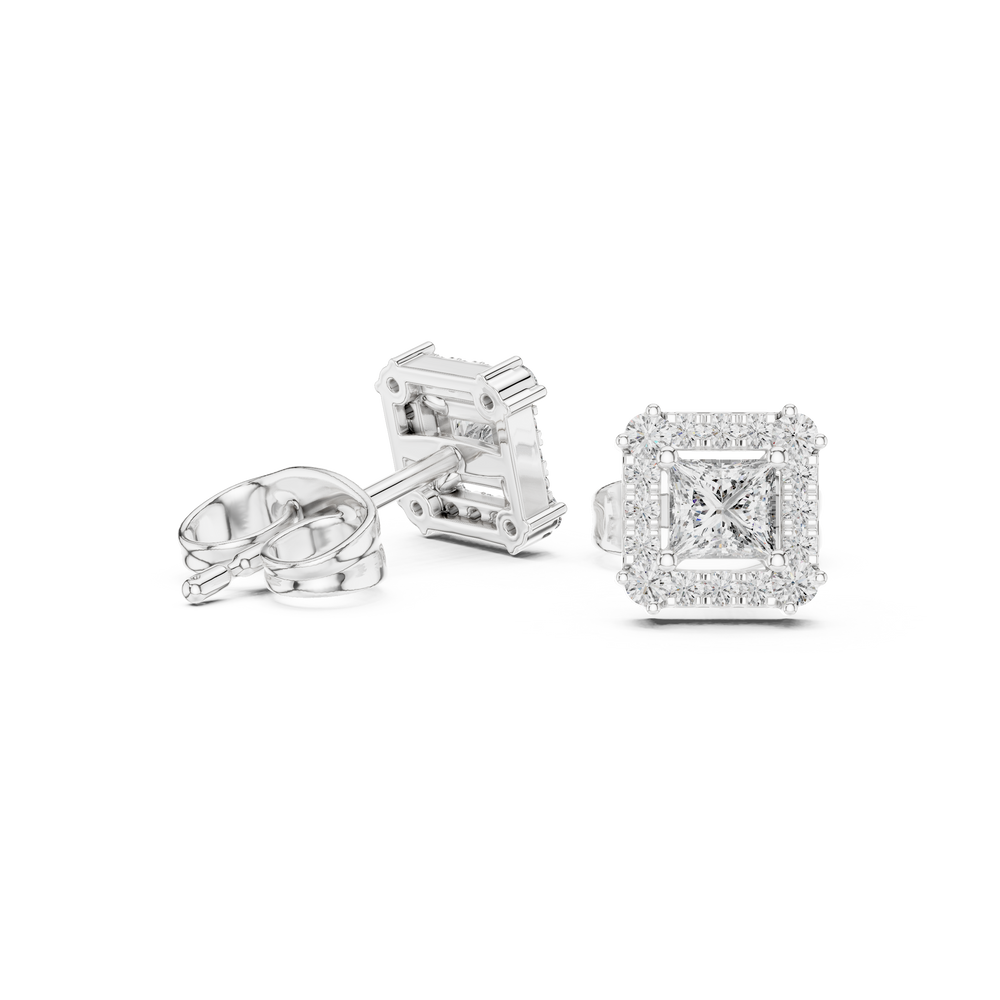 Princess cut halo stud earrings with square pave frame and princess cut centre stone