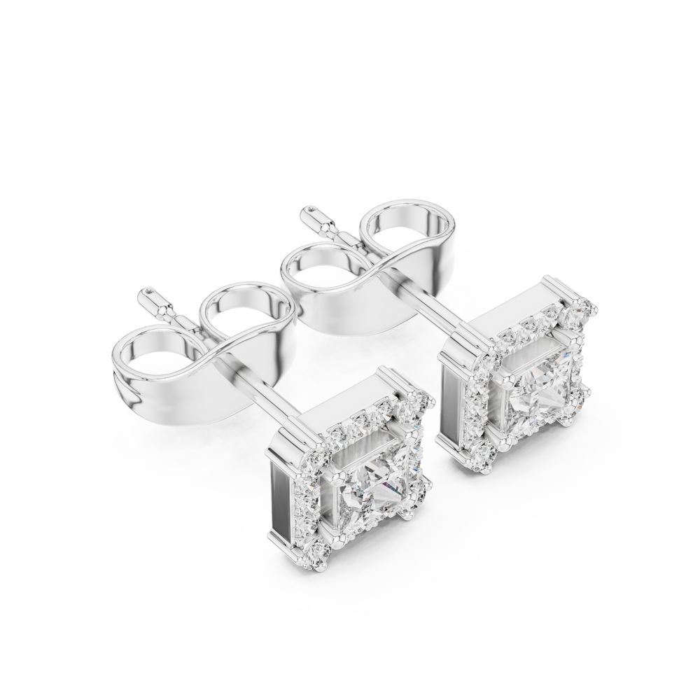 Princess cut halo stud earrings with square pave frame and princess cut centre stone