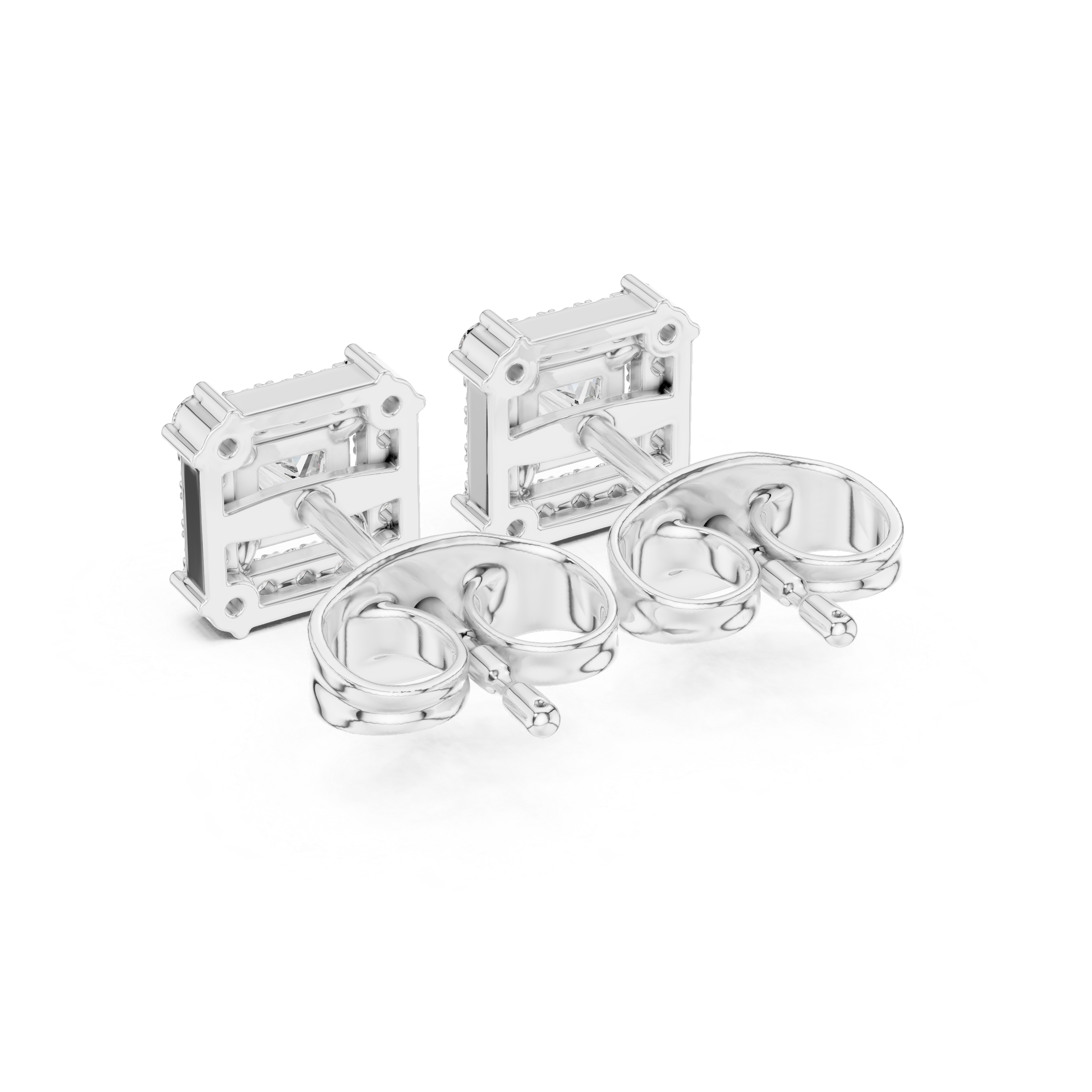 Princess cut halo stud earrings with square pave frame and princess cut centre stone