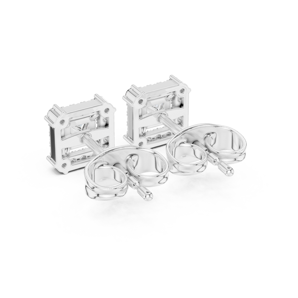 Princess cut halo stud earrings with square pave frame and princess cut centre stone