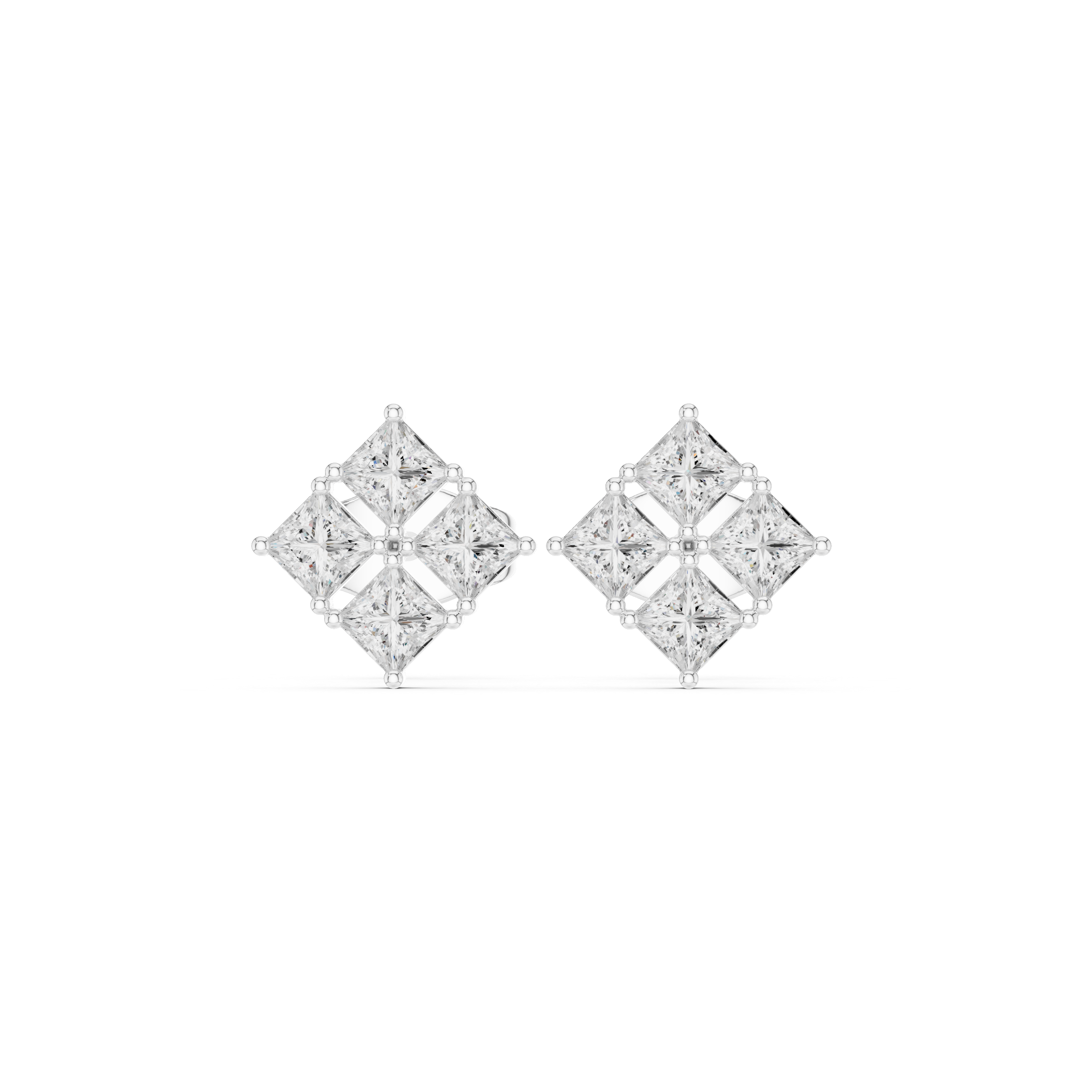 Four princess cut stones in a rhombus cluster arrangement forming a square stud earring