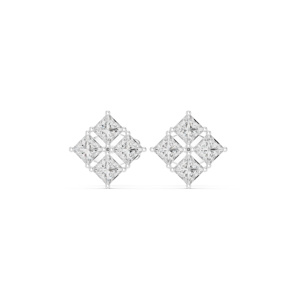 Four princess cut stones in a rhombus cluster arrangement forming a square stud earring