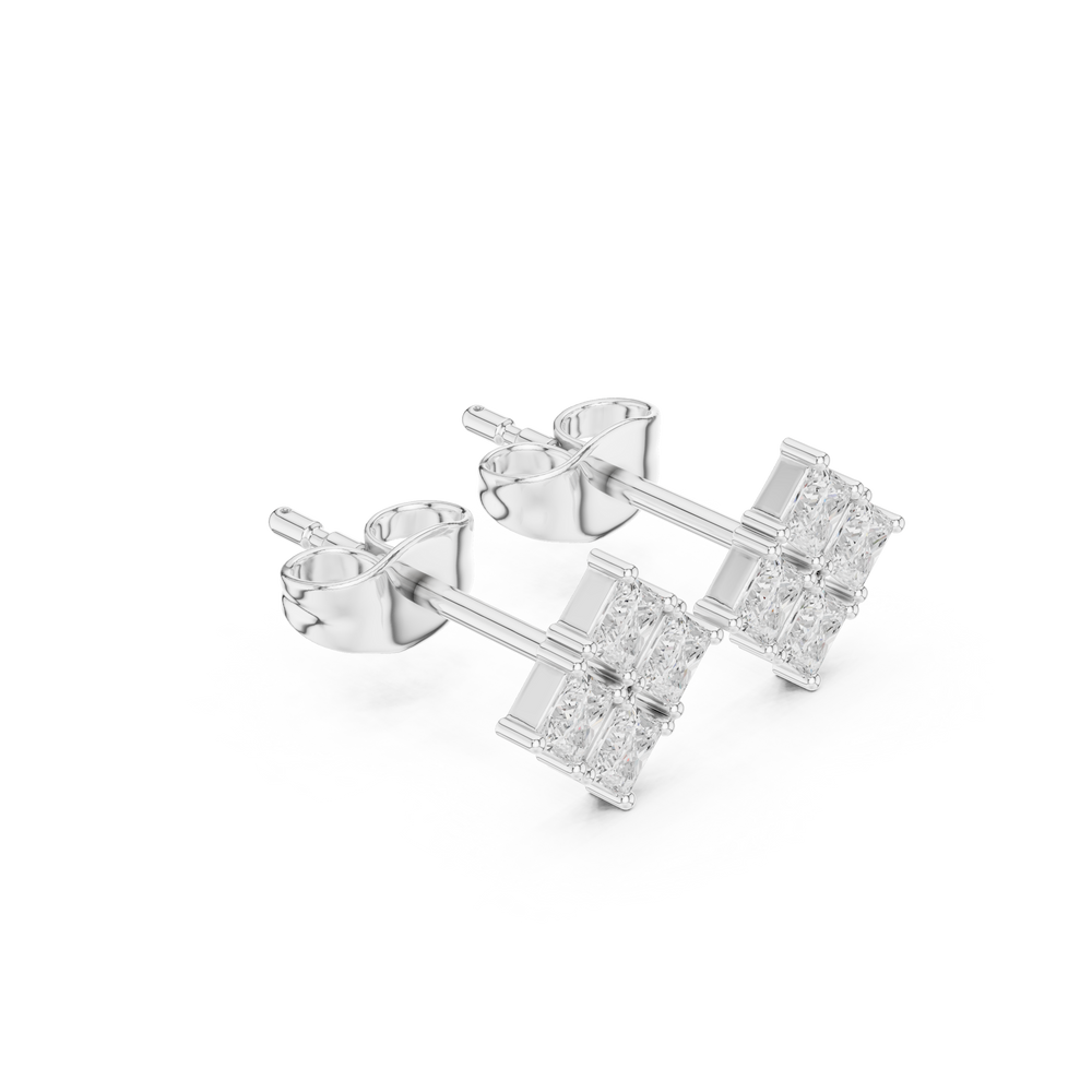Four princess cut stones in a rhombus cluster arrangement forming a square stud earring
