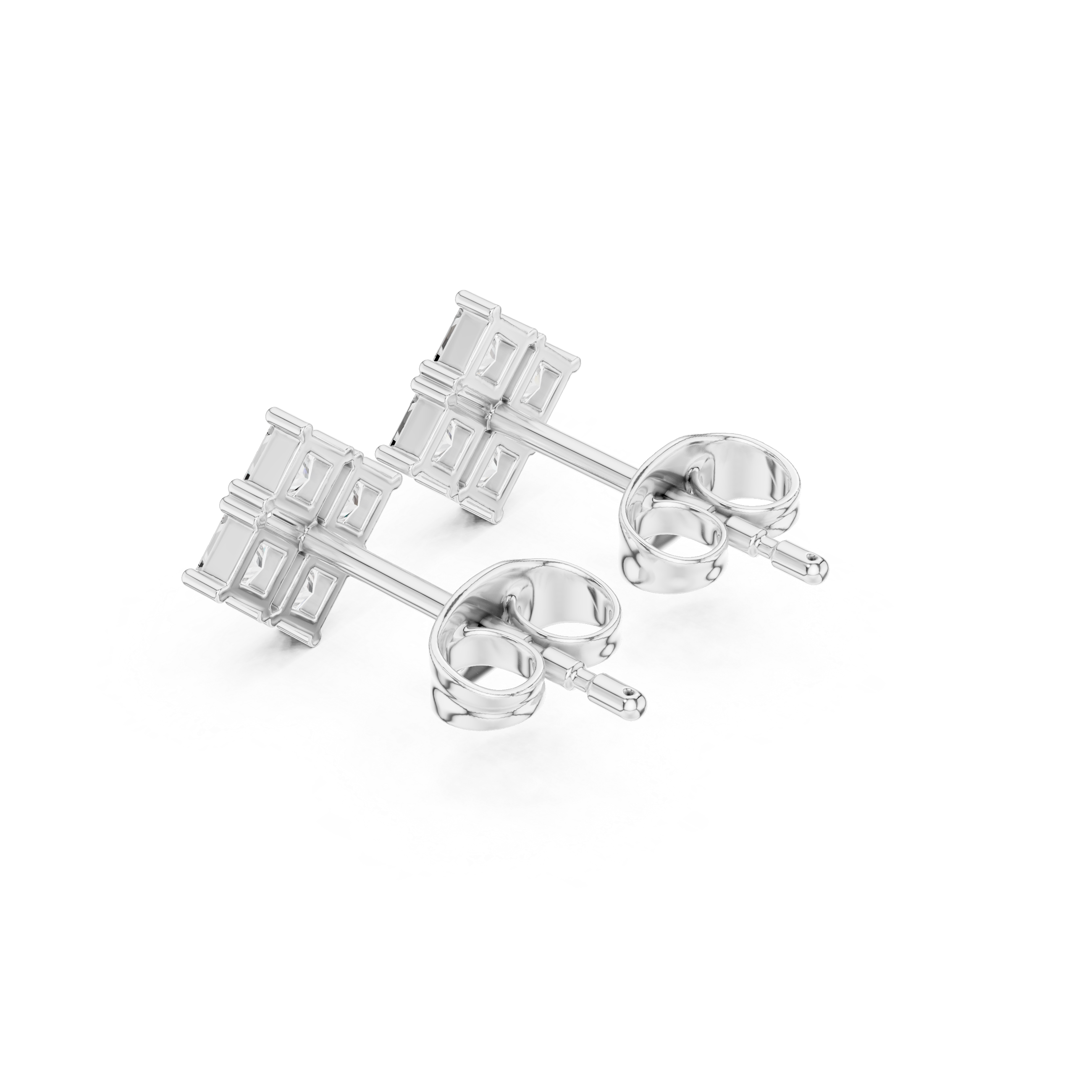 Four princess cut stones in a rhombus cluster arrangement forming a square stud earring