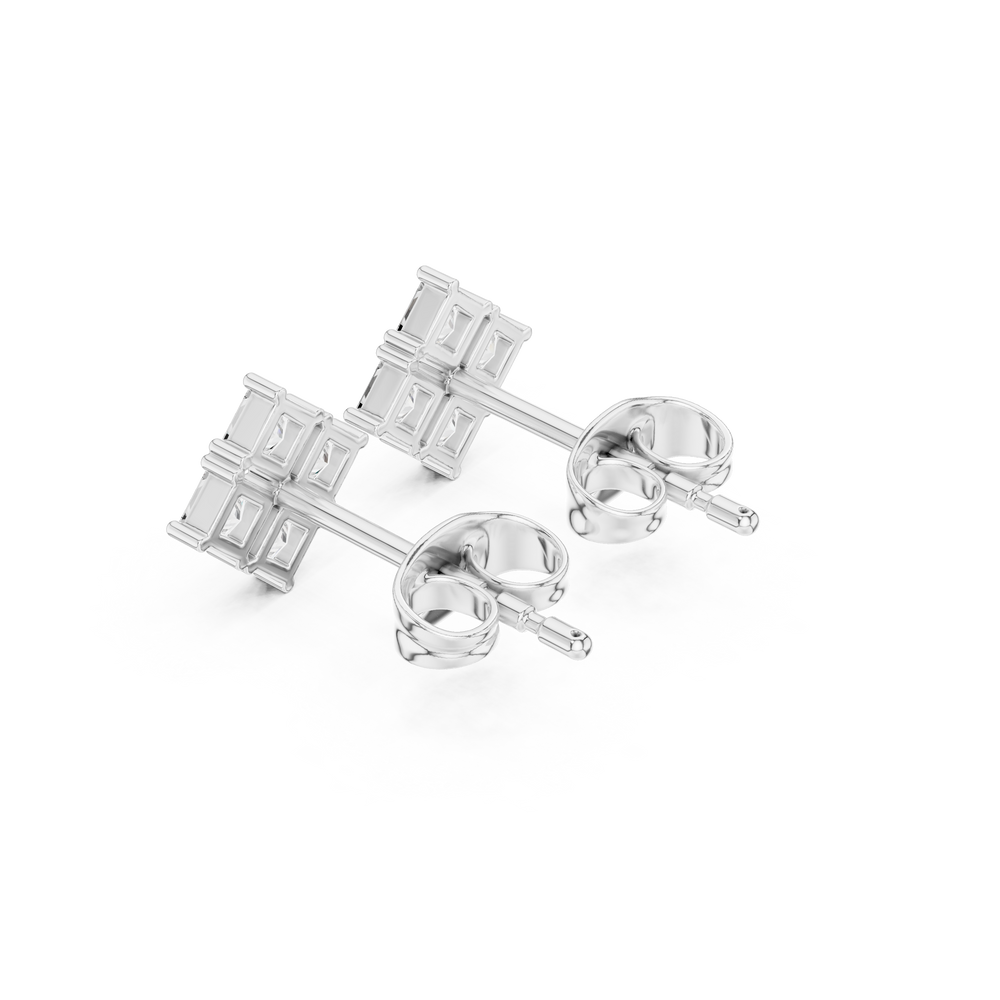 Four princess cut stones in a rhombus cluster arrangement forming a square stud earring