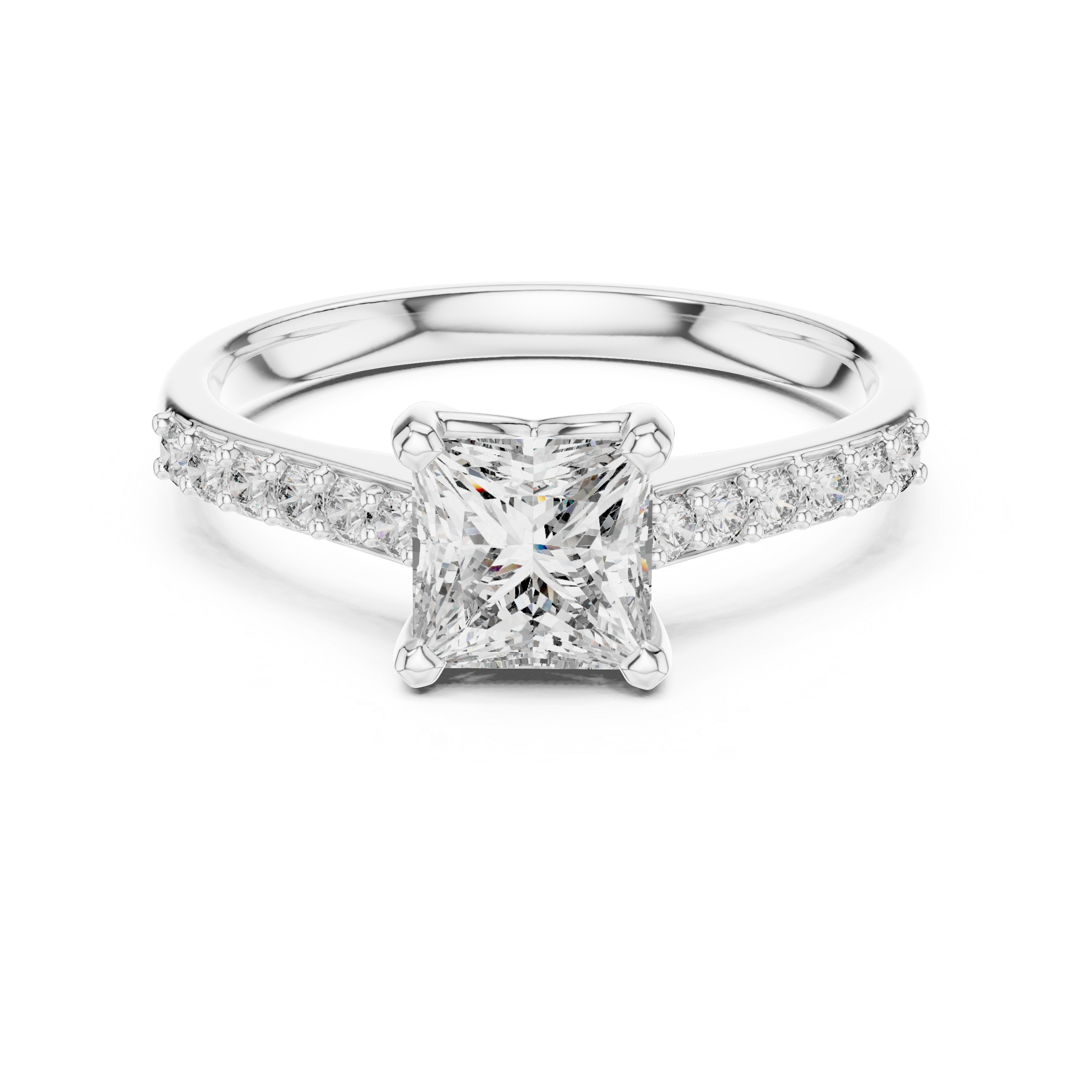 Princess cut engagement ring with four prong setting and studded shoulders