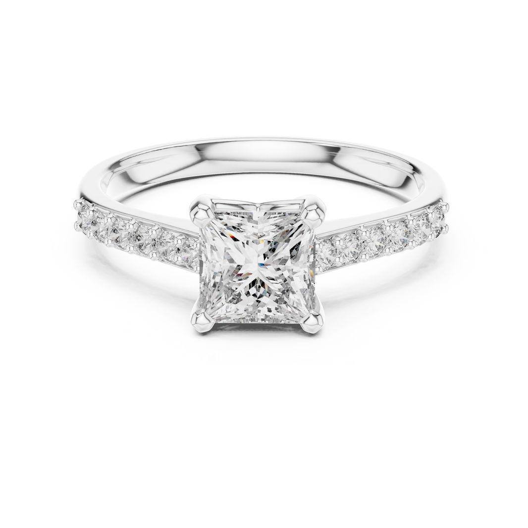 Princess cut engagement ring with four prong setting and studded shoulders