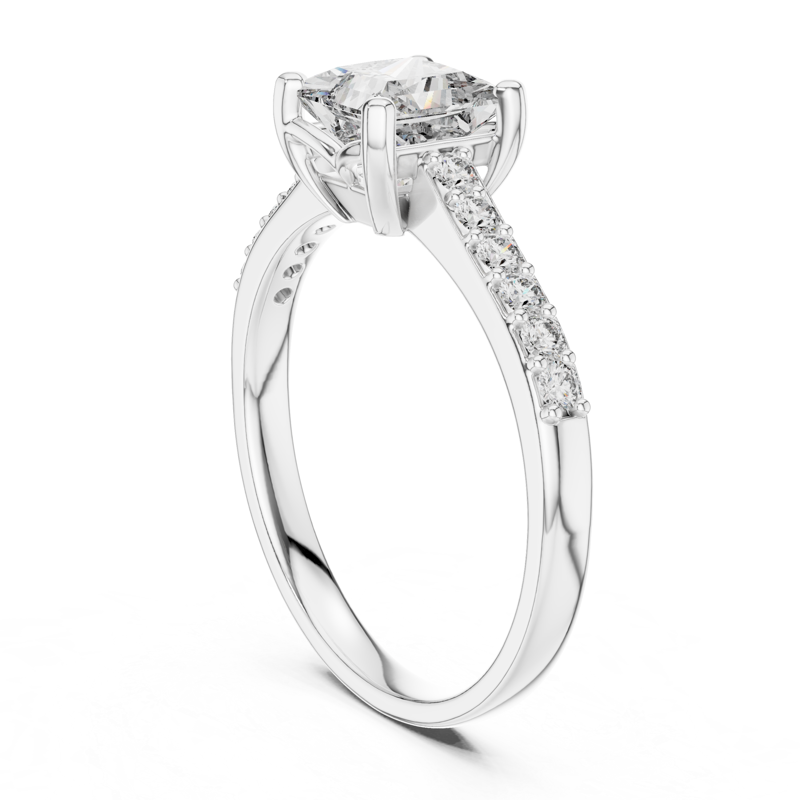 Princess cut engagement ring with four prong setting and studded shoulders