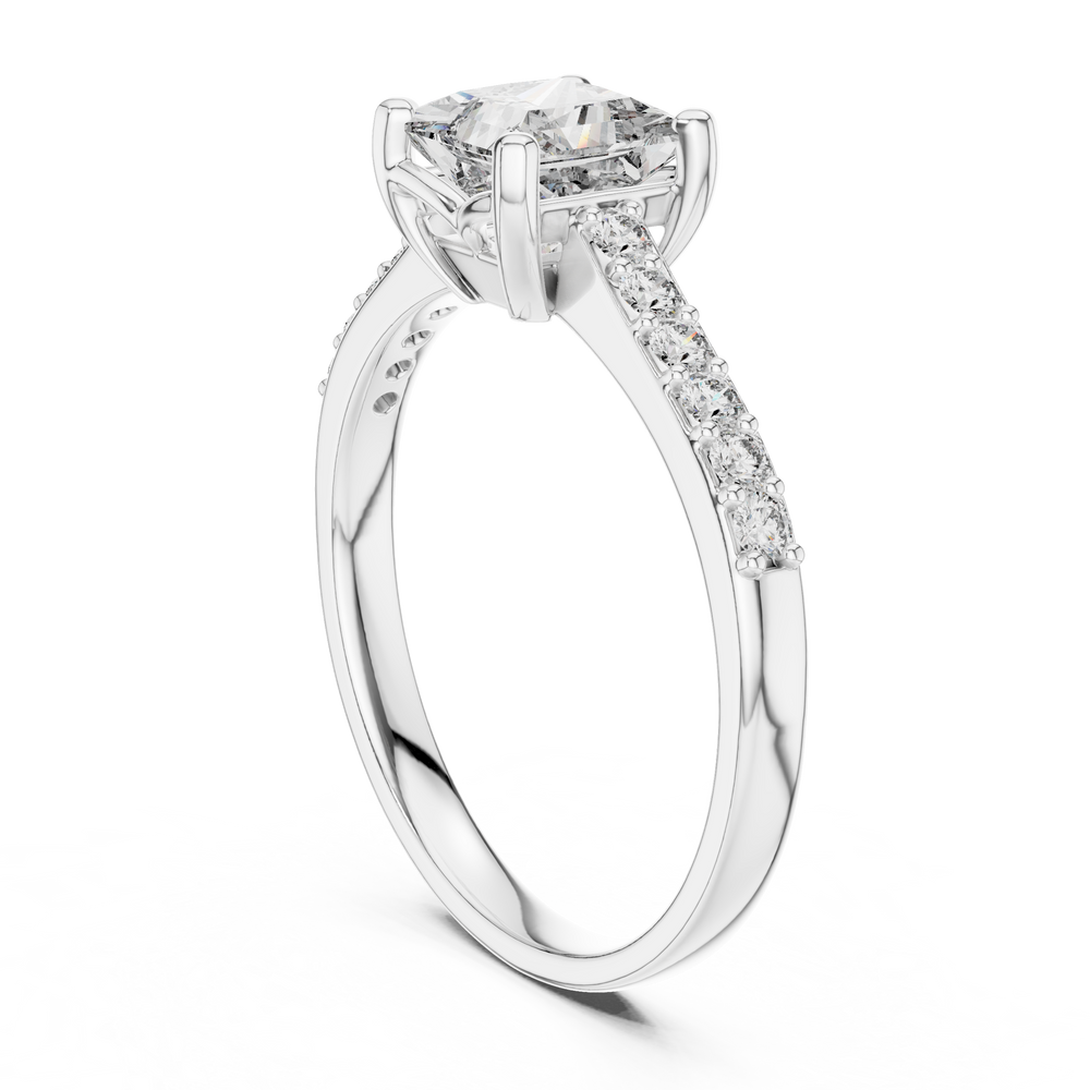 Princess cut engagement ring with four prong setting and studded shoulders