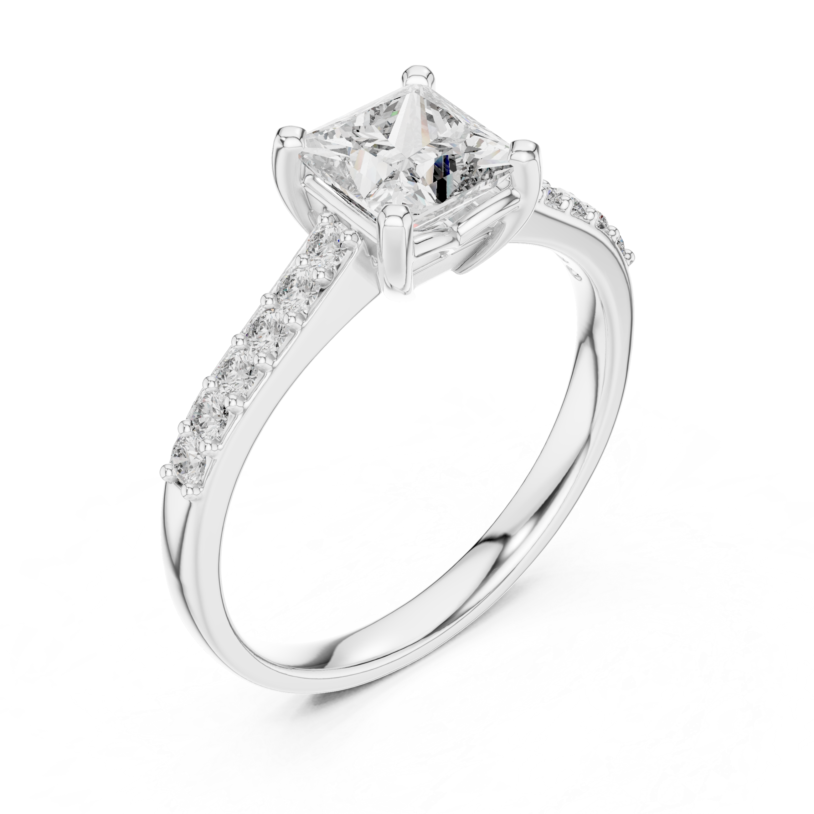 Princess cut engagement ring with four prong setting and studded shoulders