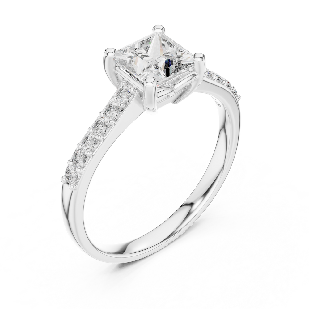Princess cut engagement ring with four prong setting and studded shoulders