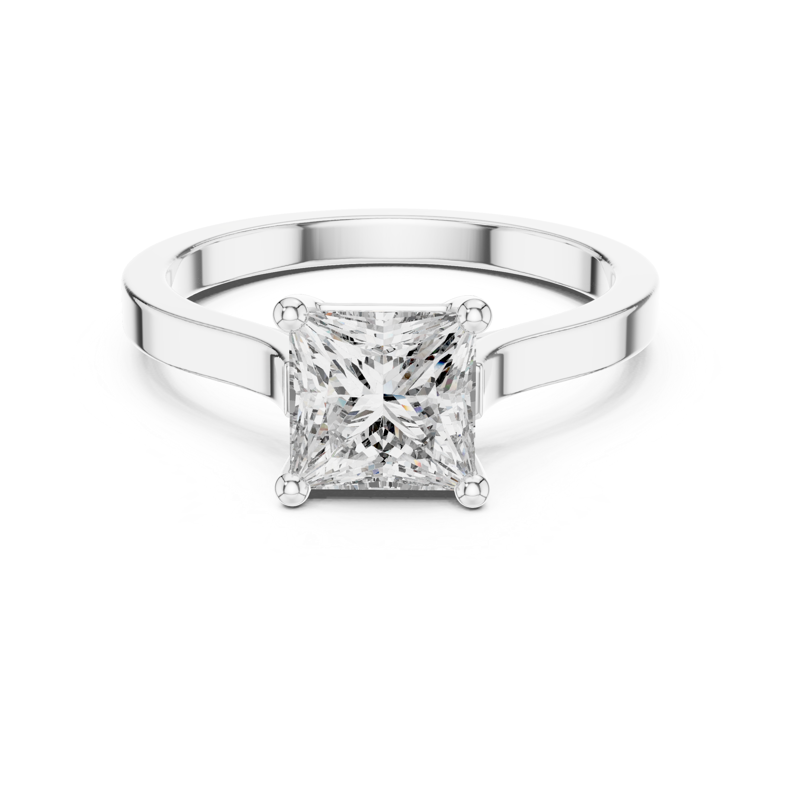 Princess cut solitaire cathedral ring with four claw setting and flat polished band
