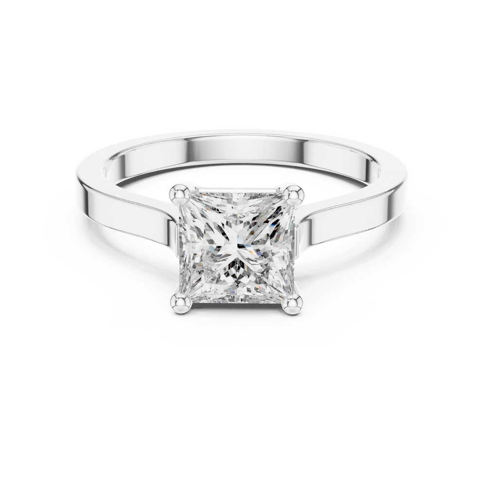 Princess cut solitaire cathedral ring with four claw setting and flat polished band
