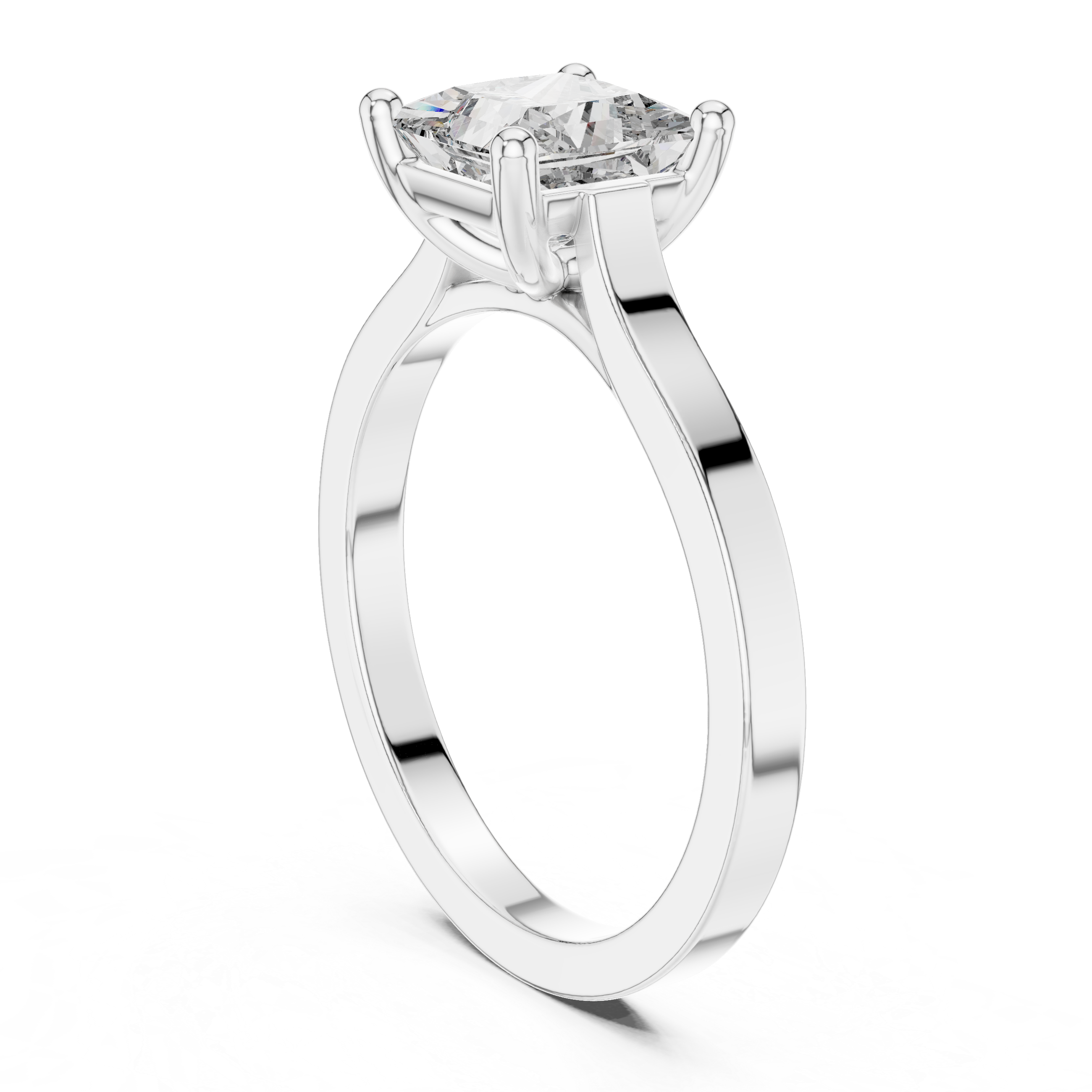 Princess cut solitaire cathedral ring with four claw setting and flat polished band