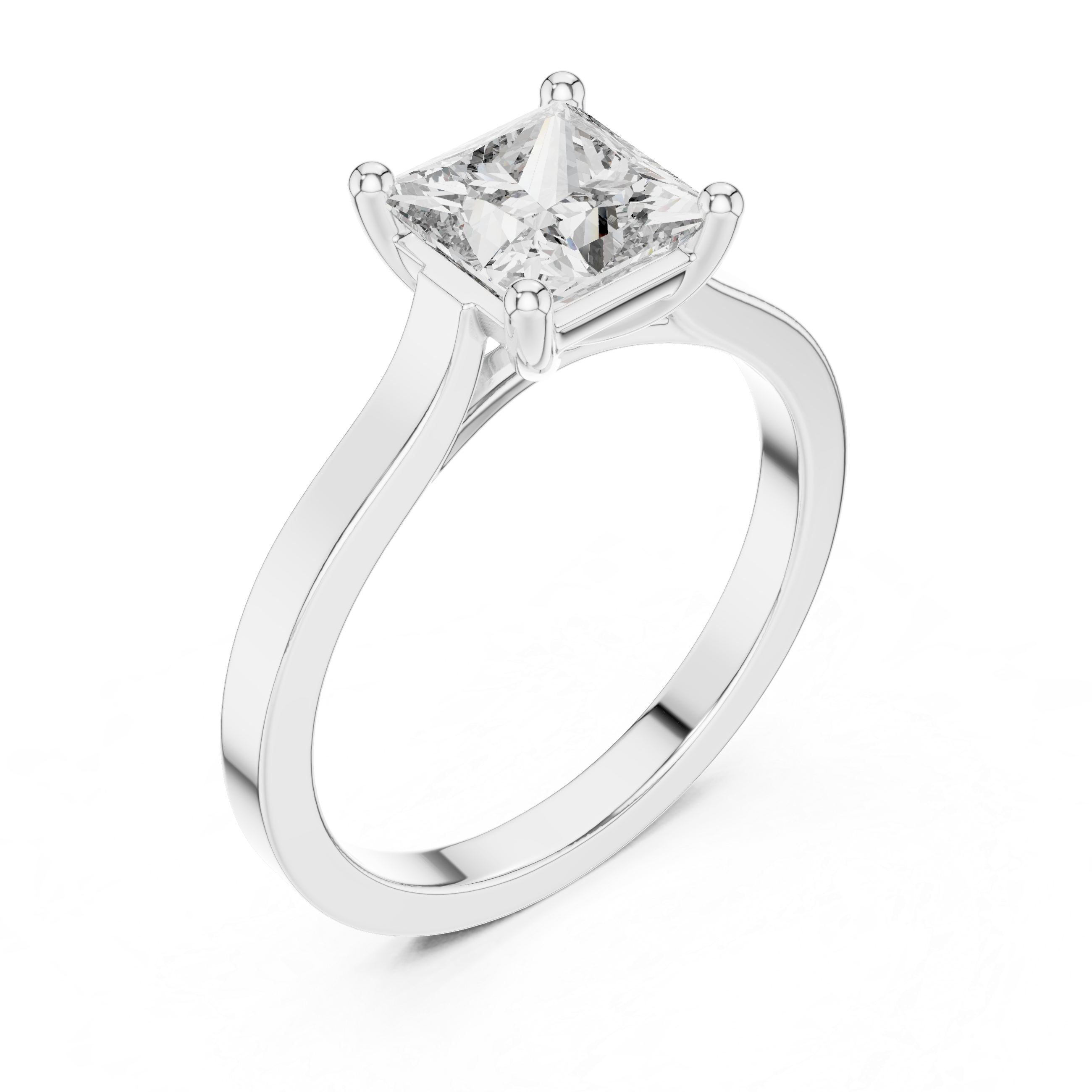 Princess cut solitaire cathedral ring with four claw setting and flat polished band