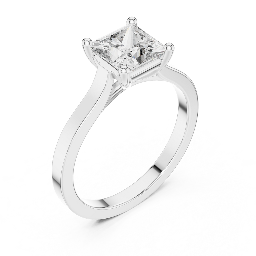 Princess cut solitaire cathedral ring with four claw setting and flat polished band