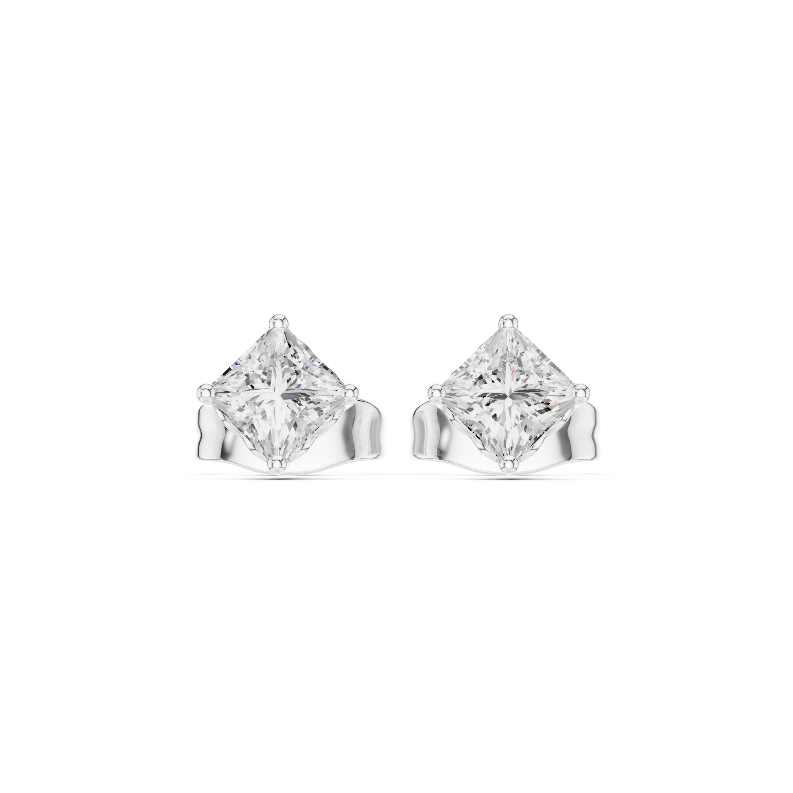 Princess cut solitaire stud earrings with a four-claw corner setting