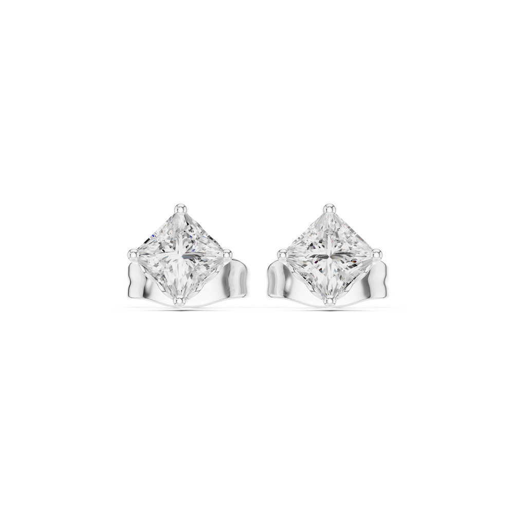 Princess cut solitaire stud earrings with a four-claw corner setting
