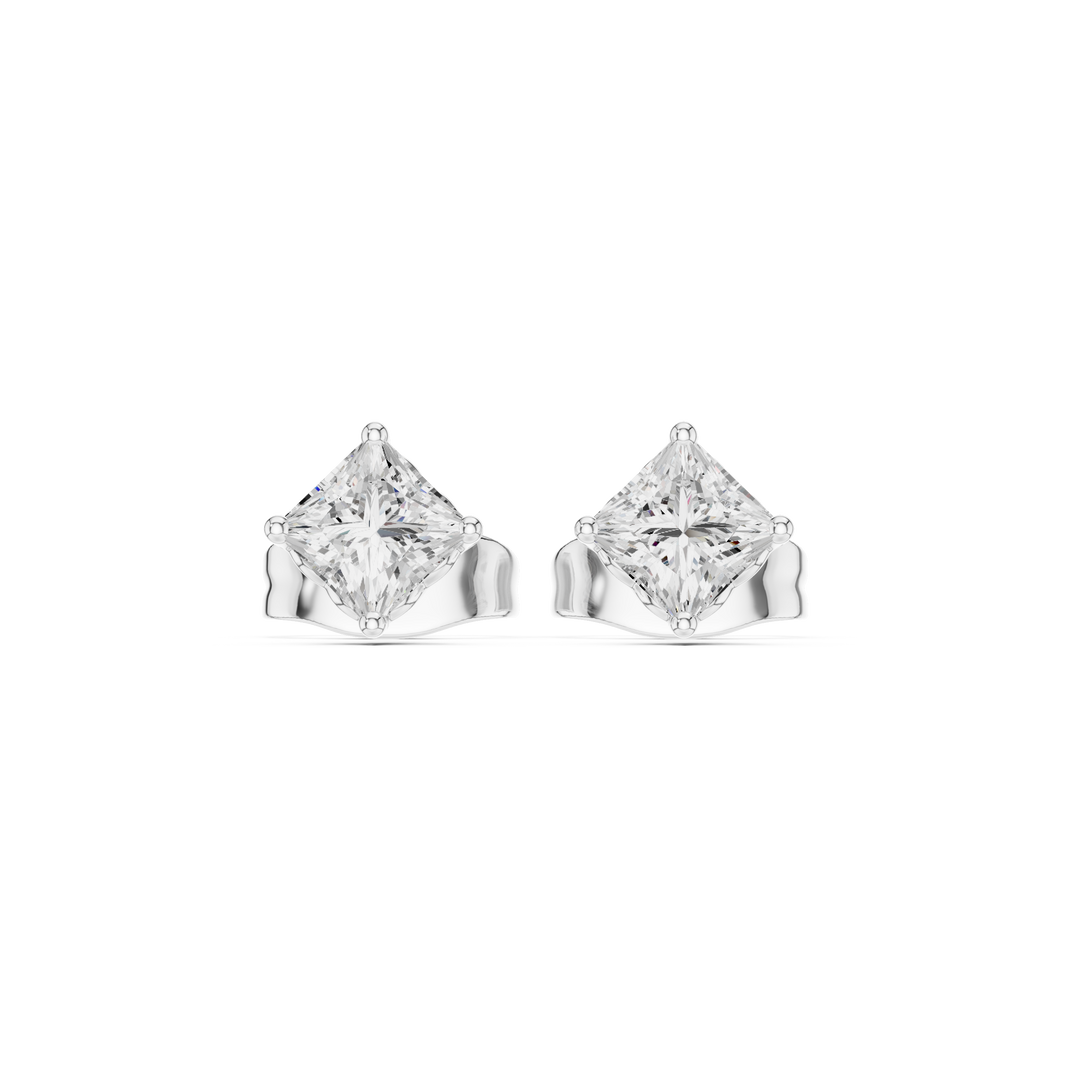 Princess cut solitaire stud earrings with a four-claw corner setting