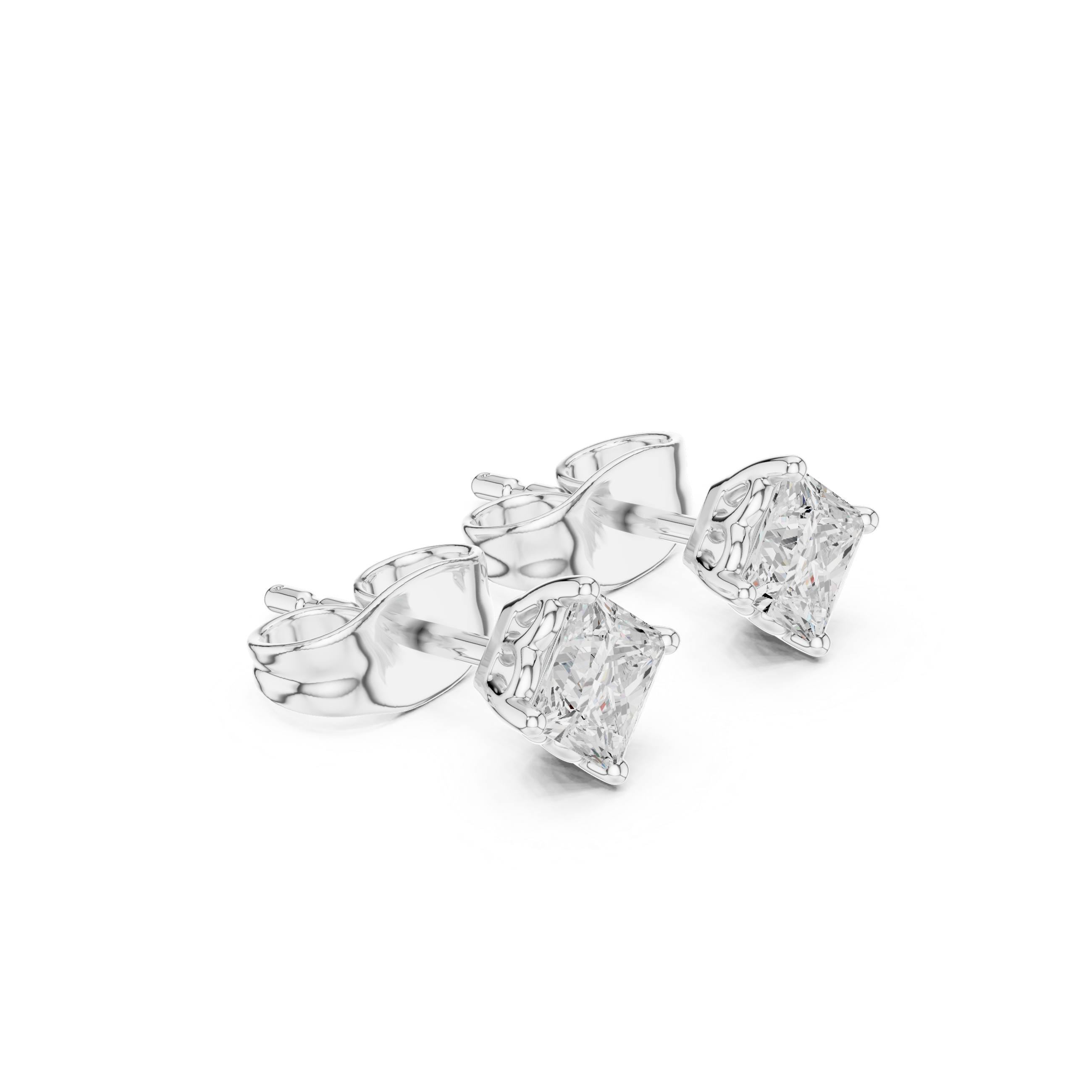 Princess cut solitaire stud earrings with a four-claw corner setting