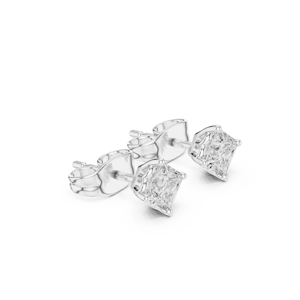 Princess cut solitaire stud earrings with a four-claw corner setting