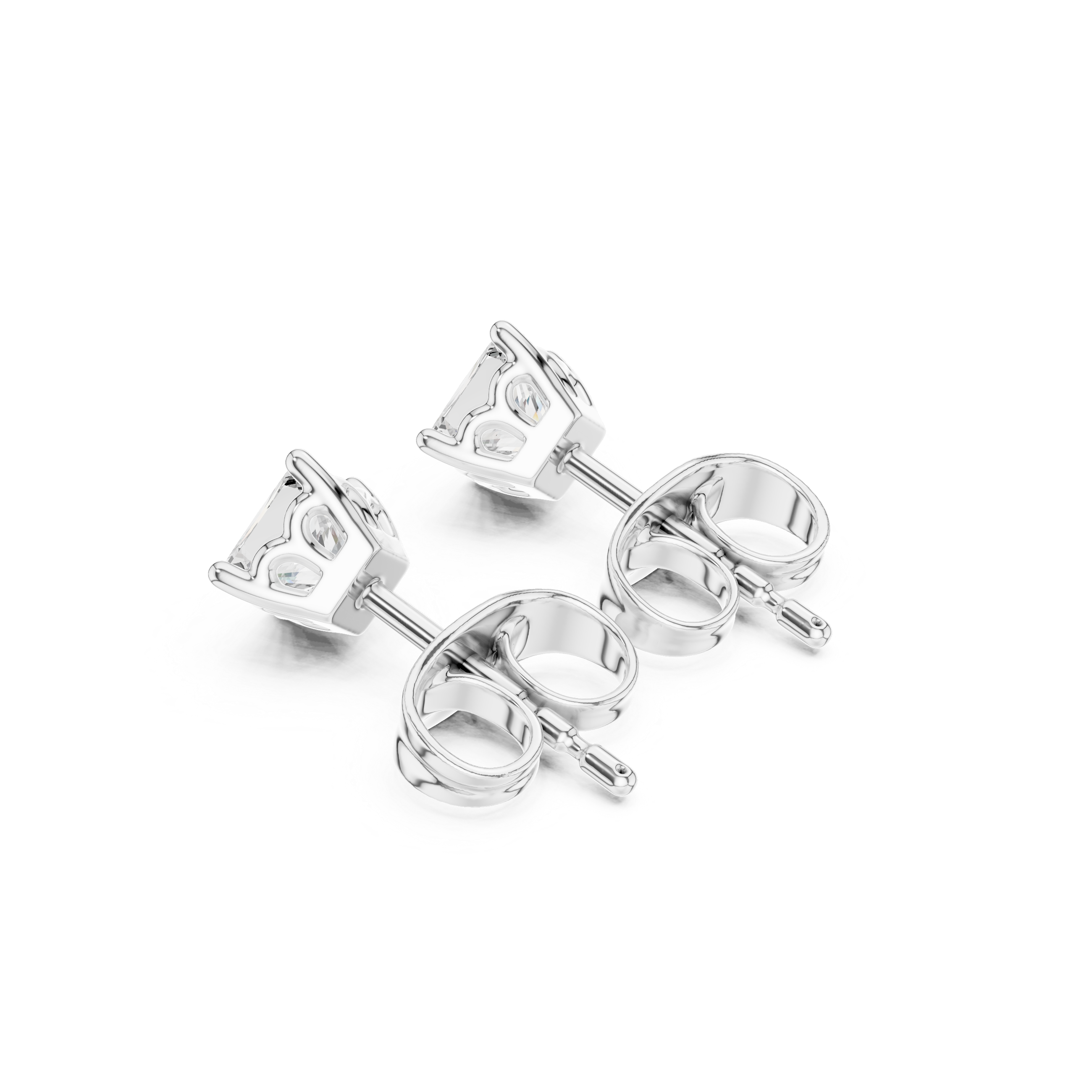 Princess cut solitaire stud earrings with a four-claw corner setting