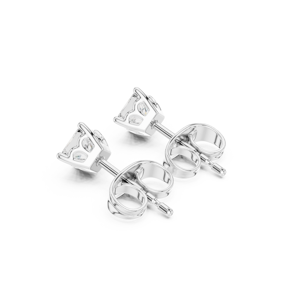 Princess cut solitaire stud earrings with a four-claw corner setting