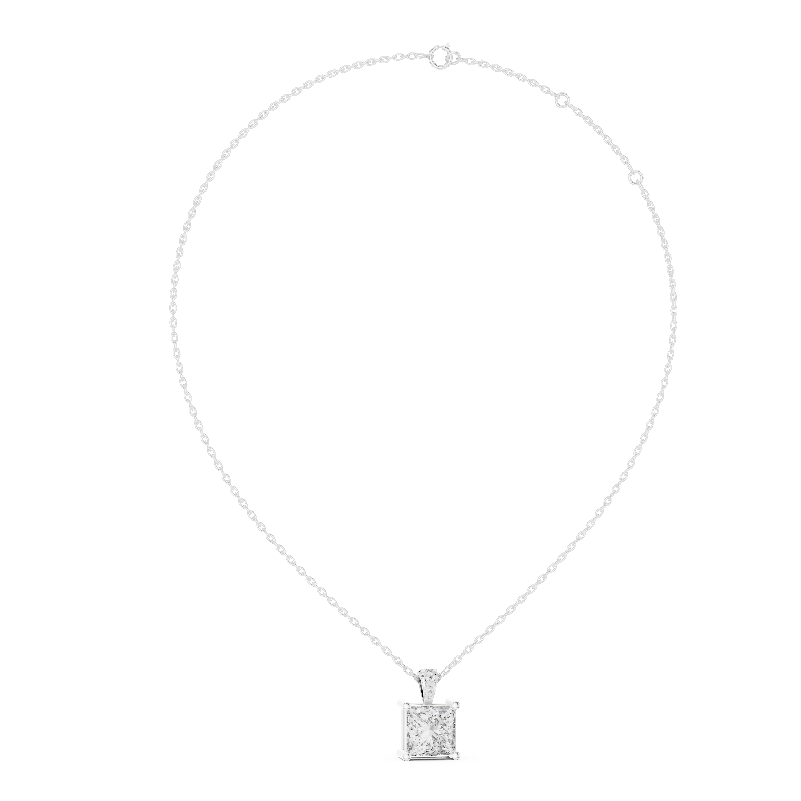 Princess cut solitaire diamond pendant with pave bail and four bar setting