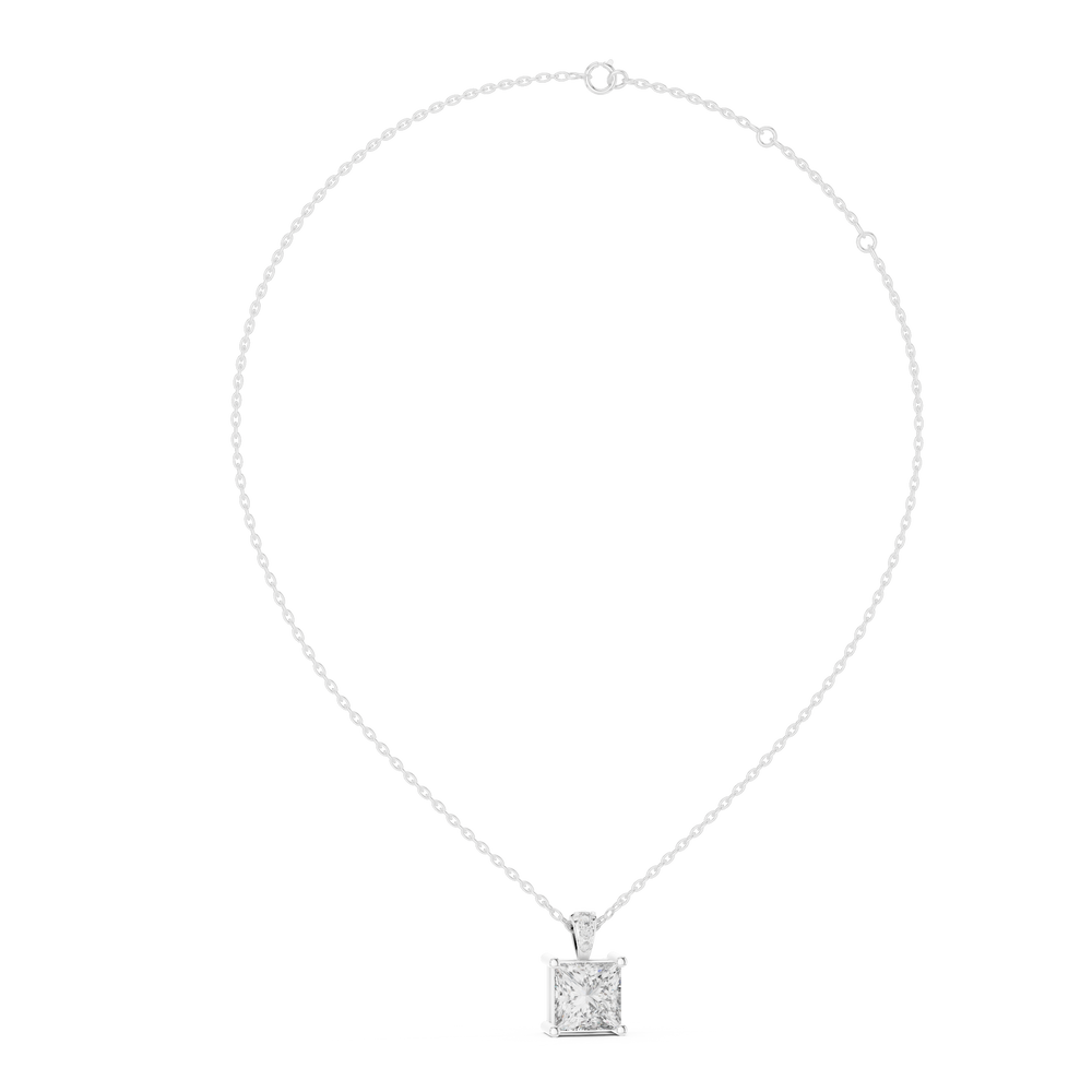 Princess cut solitaire diamond pendant with pave bail and four bar setting