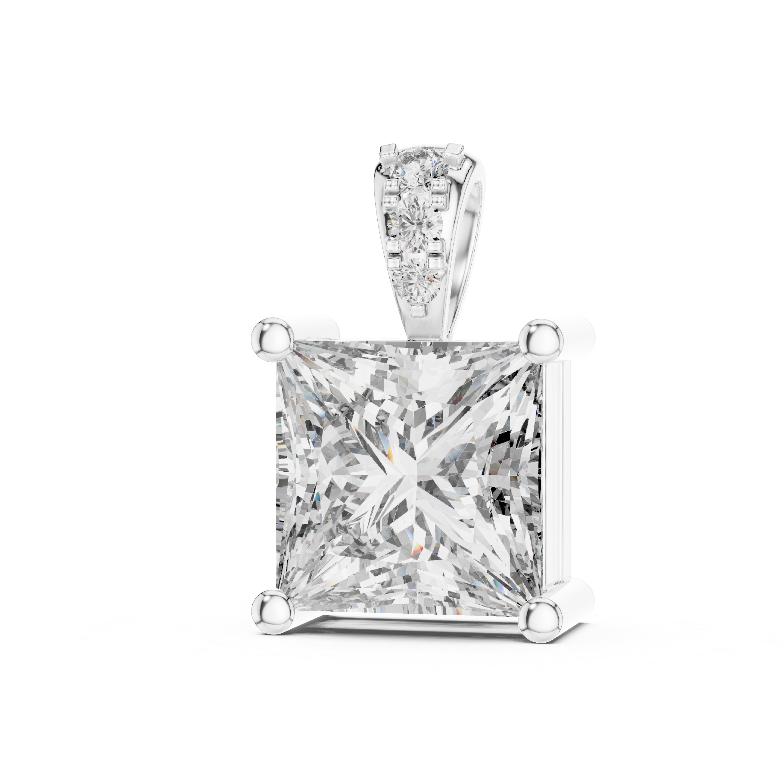 Princess cut solitaire diamond pendant with pave bail and four bar setting
