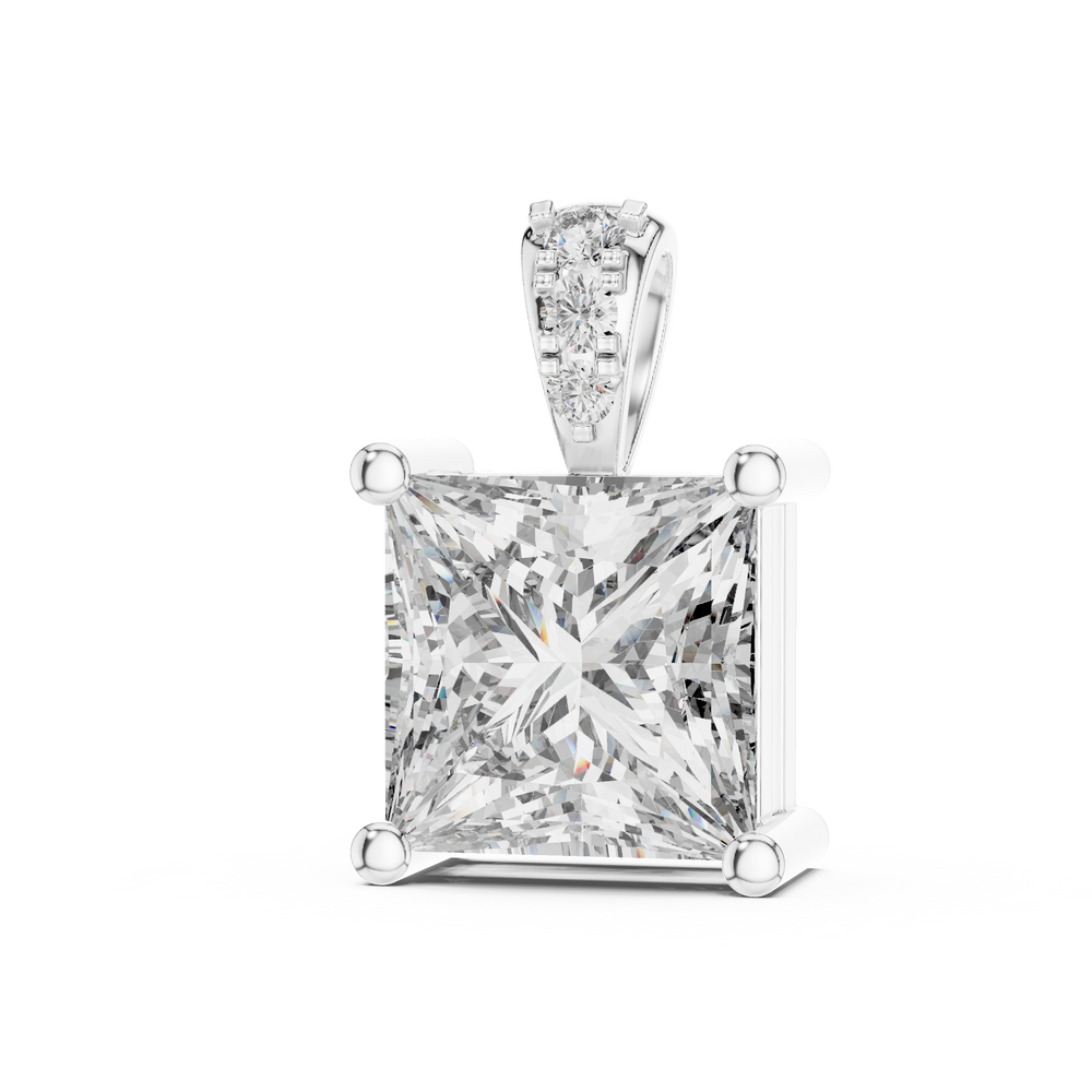 Princess cut solitaire diamond pendant with pave bail and four bar setting
