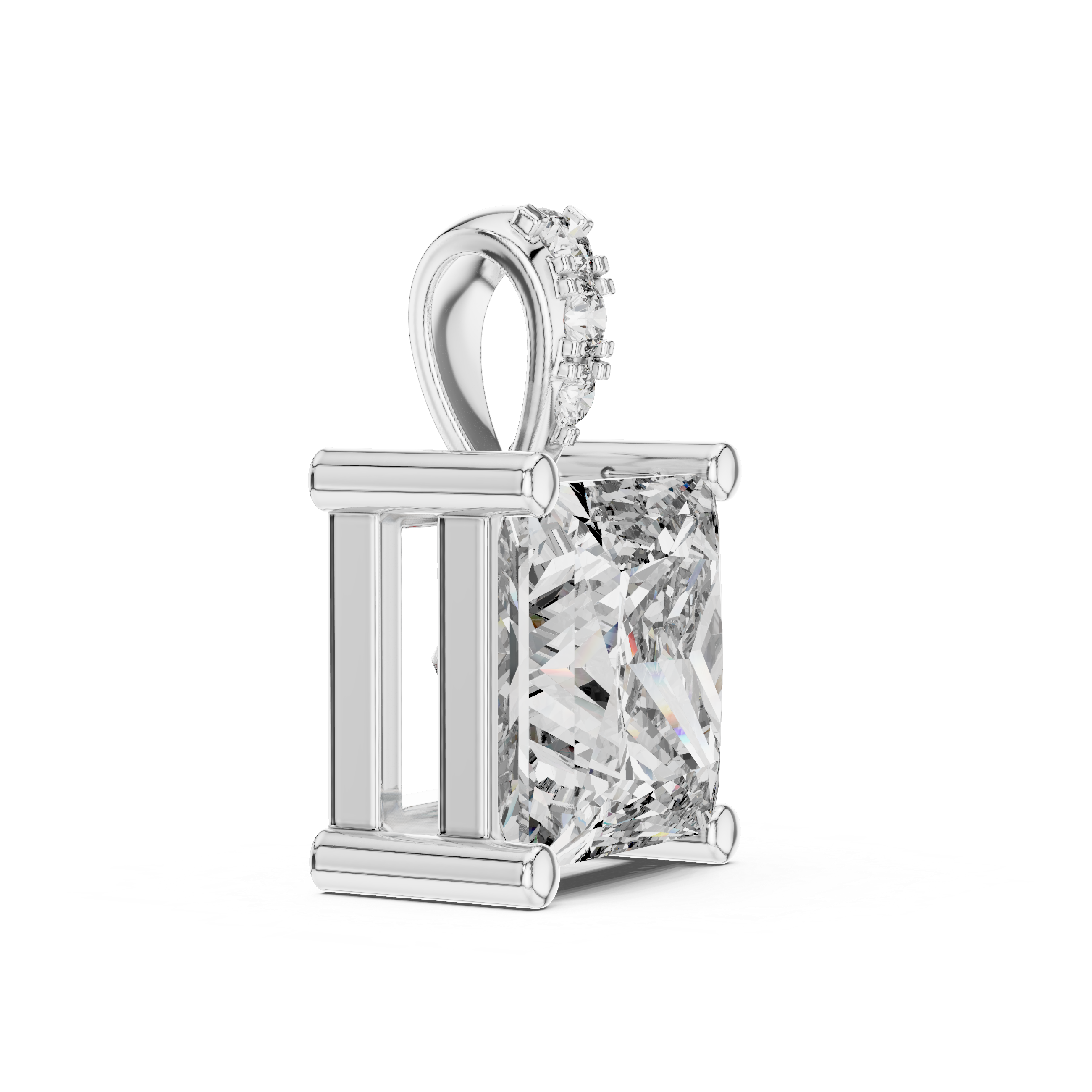 Princess cut solitaire diamond pendant with pave bail and four bar setting