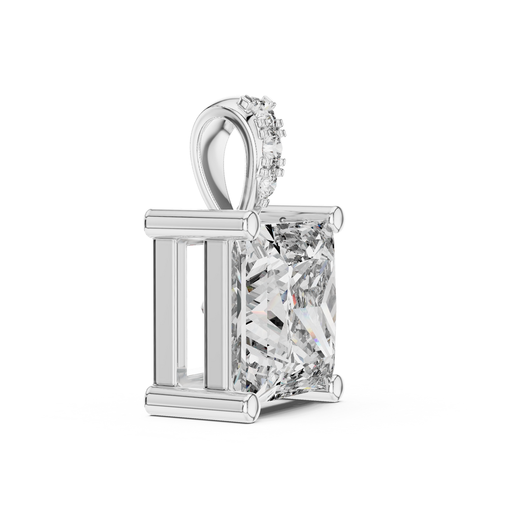 Princess cut solitaire diamond pendant with pave bail and four bar setting