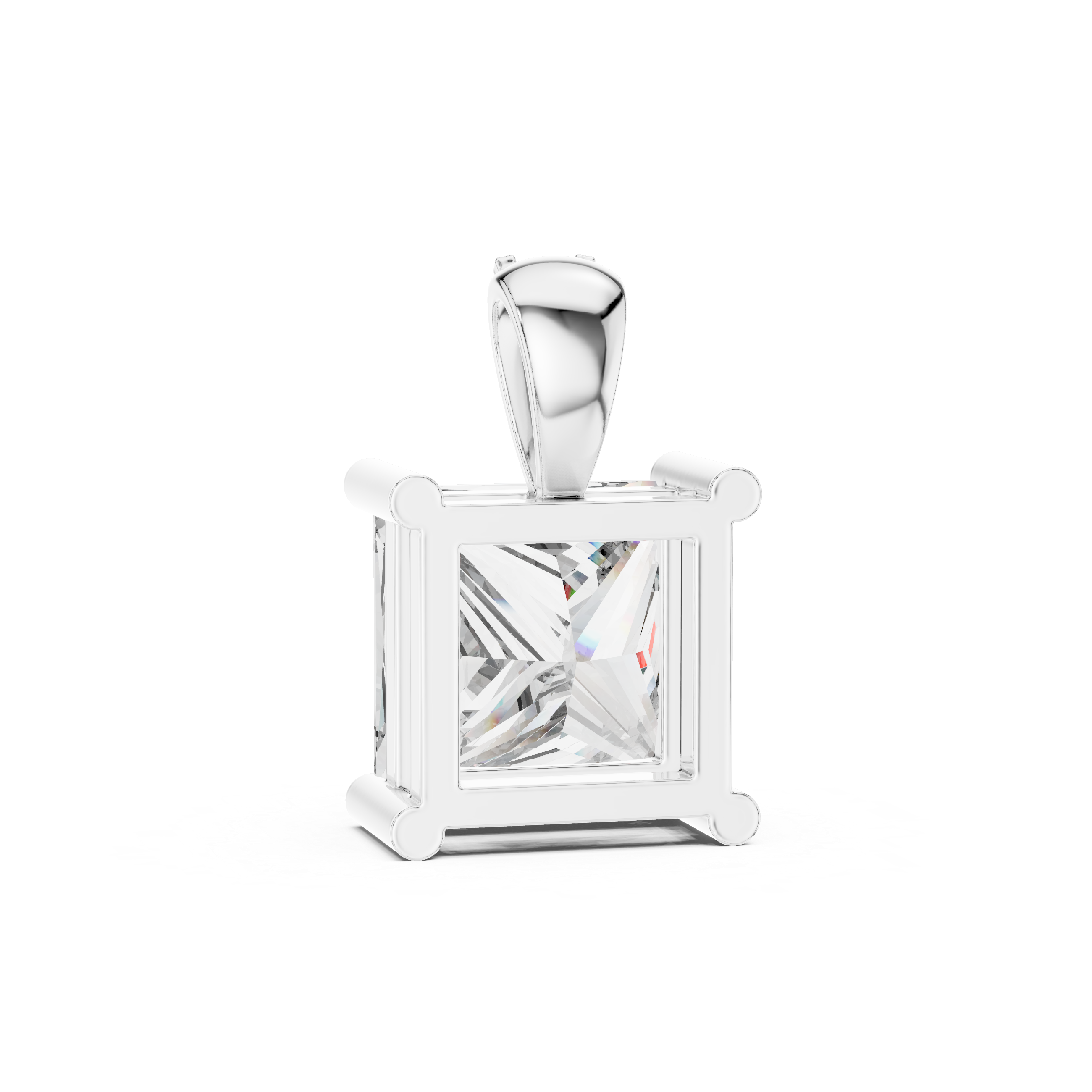 Princess cut solitaire diamond pendant with pave bail and four bar setting