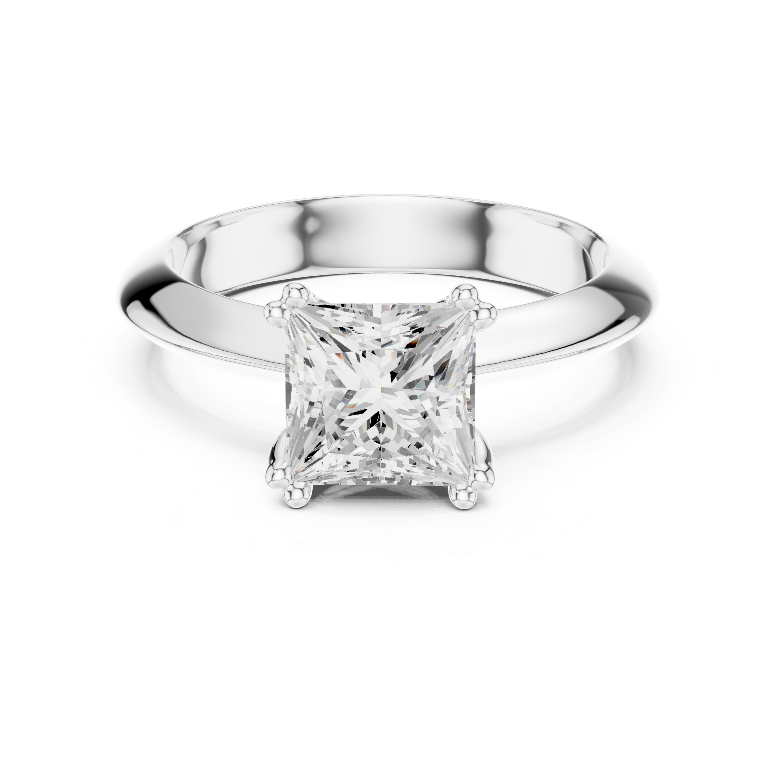 Princess cut solitaire engagement ring with four prong setting and smooth tapered band