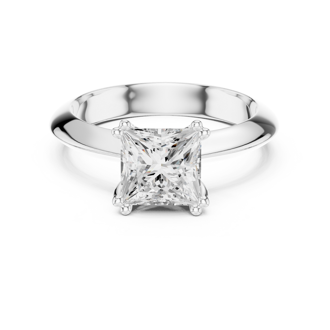 Princess cut solitaire engagement ring with four prong setting and smooth tapered band