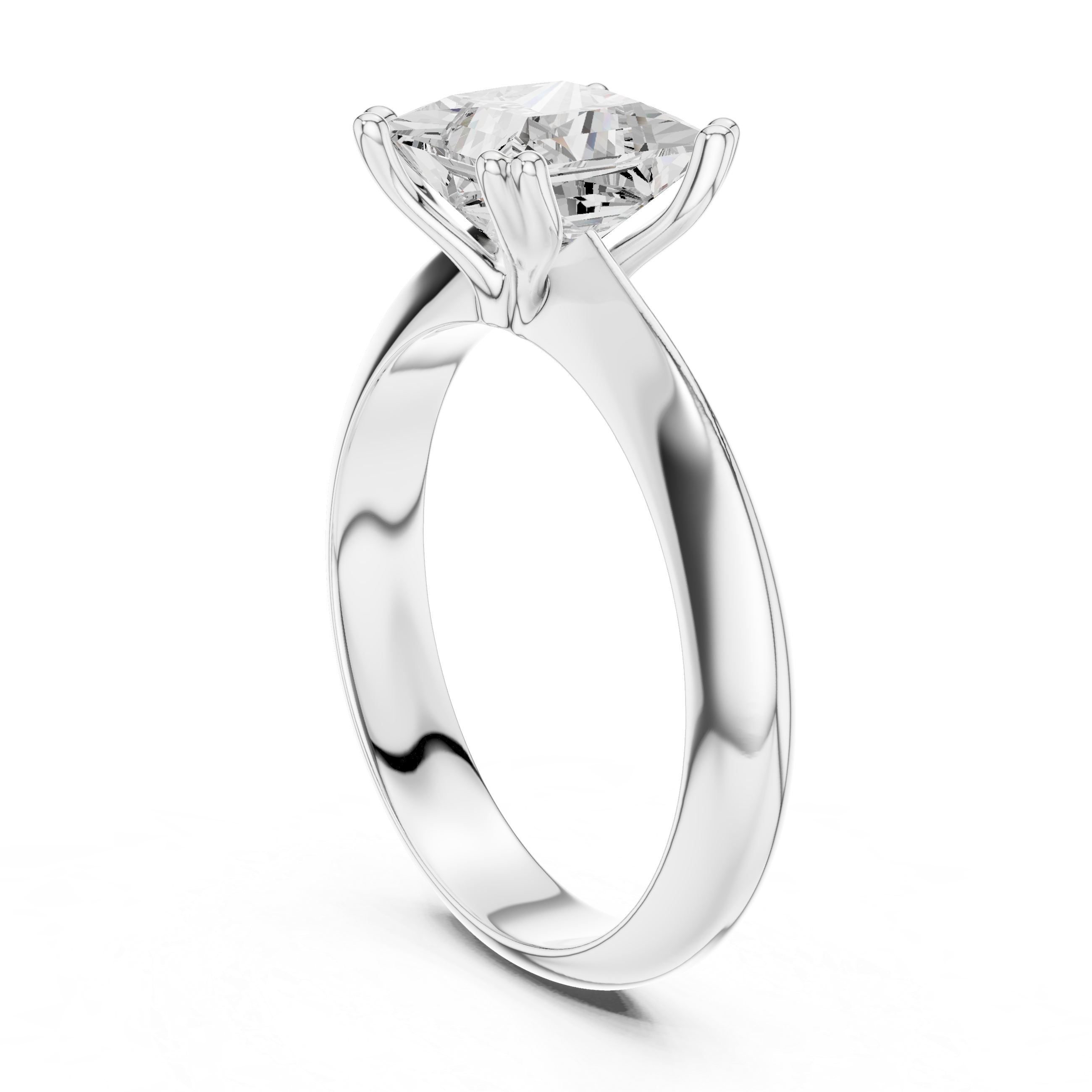 Princess cut solitaire engagement ring with four prong setting and smooth tapered band