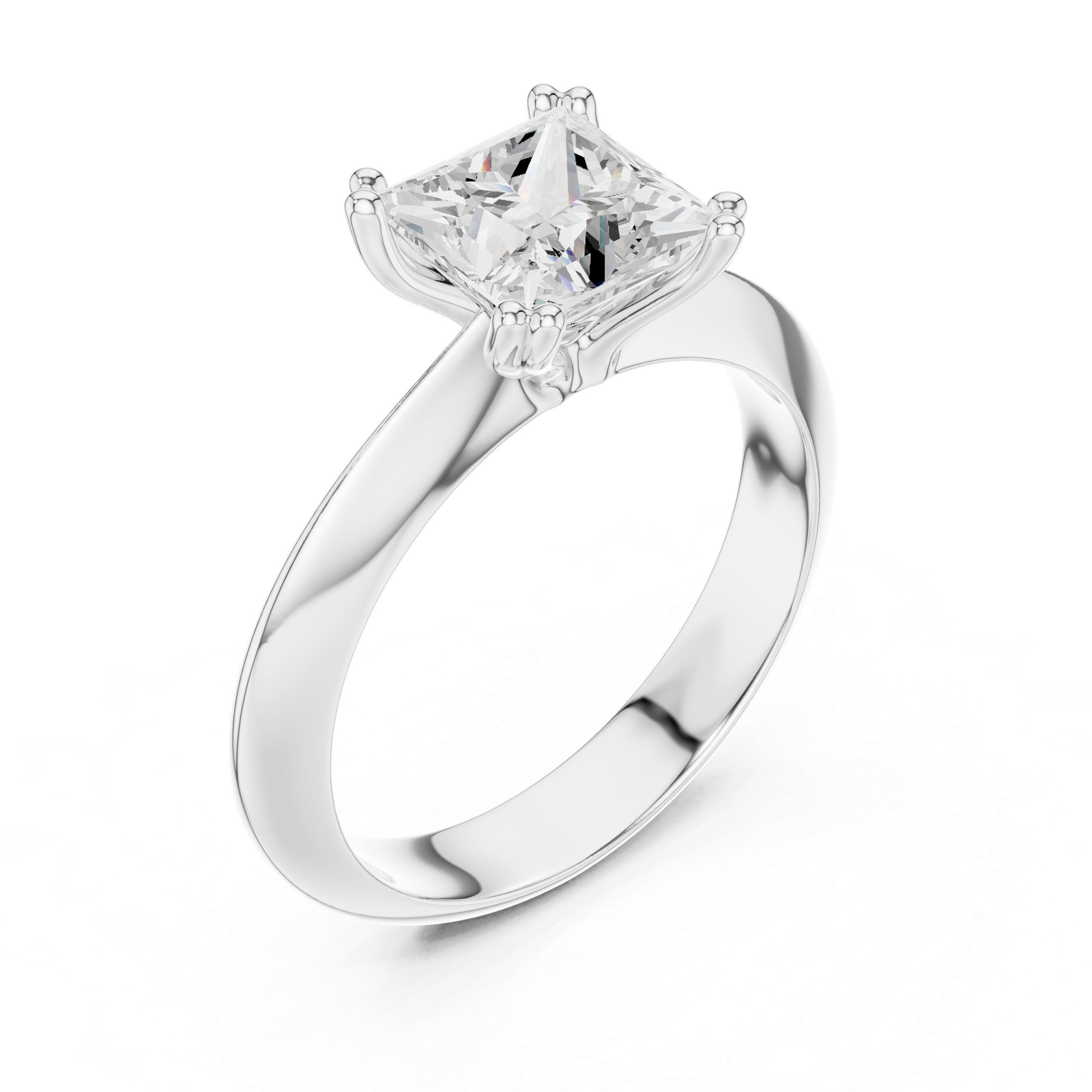Princess cut solitaire engagement ring with four prong setting and smooth tapered band