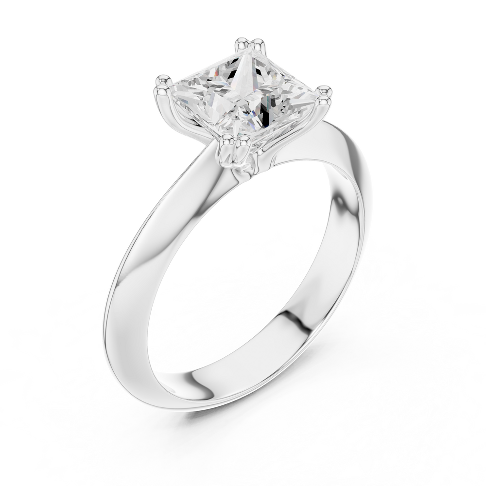 Princess cut solitaire engagement ring with four prong setting and smooth tapered band