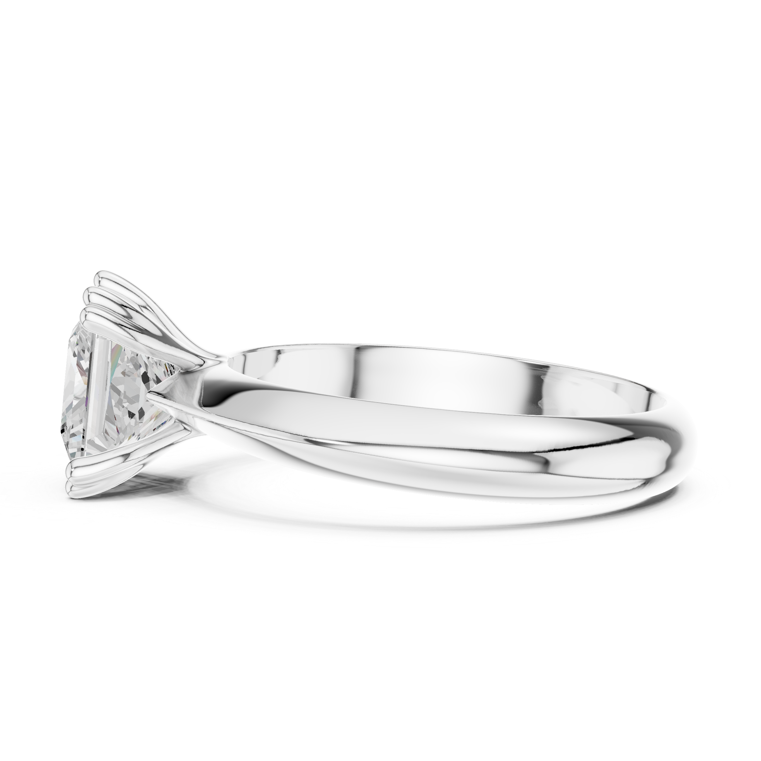 Princess cut solitaire engagement ring with four prong setting and smooth tapered band