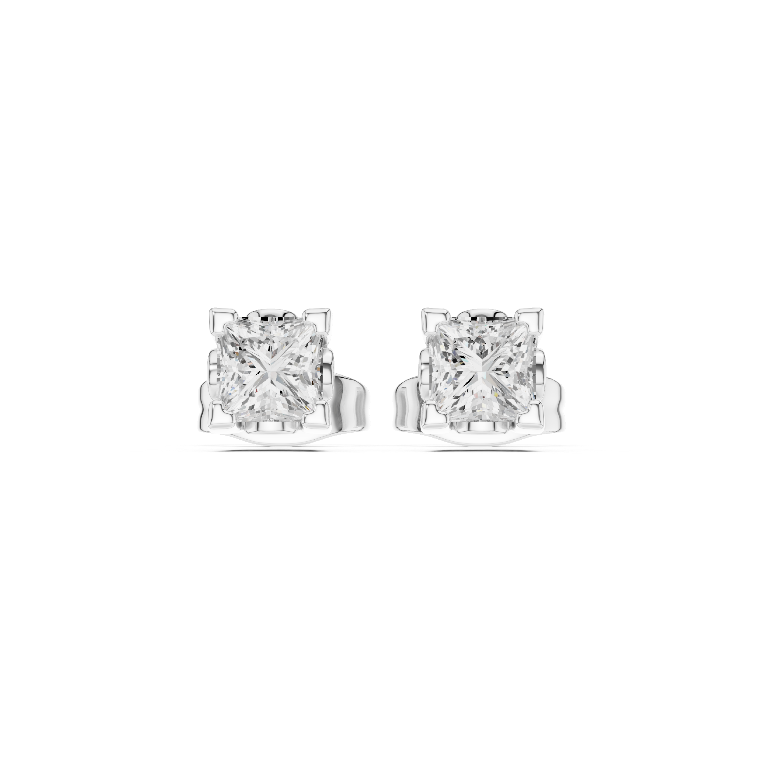 Princess cut solitaire stud earrings with a four-corner bracket claw setting