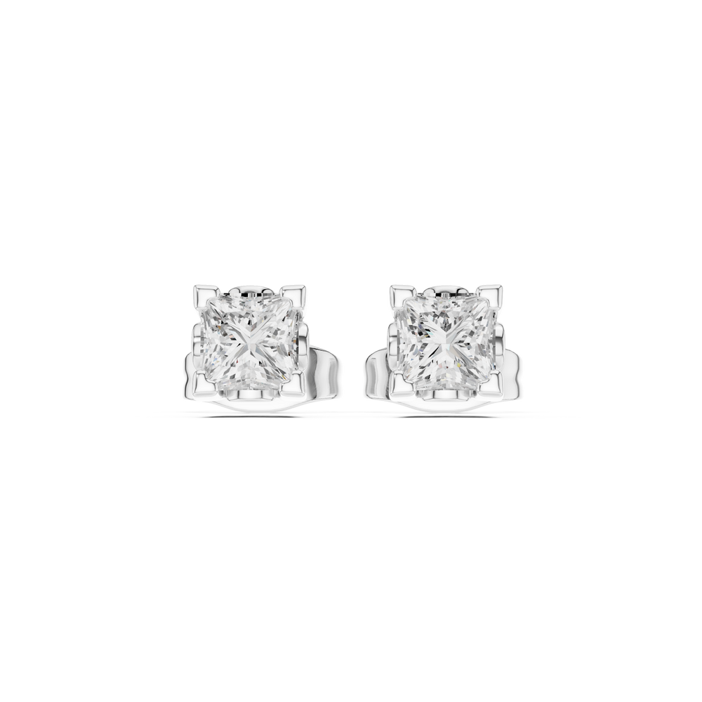 Princess cut solitaire stud earrings with a four-corner bracket claw setting