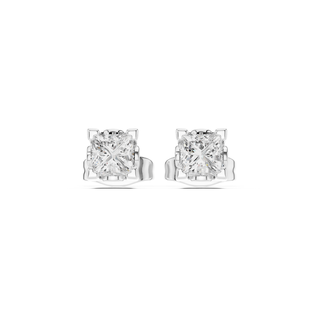 Princess cut solitaire stud earrings with a four-corner bracket claw setting