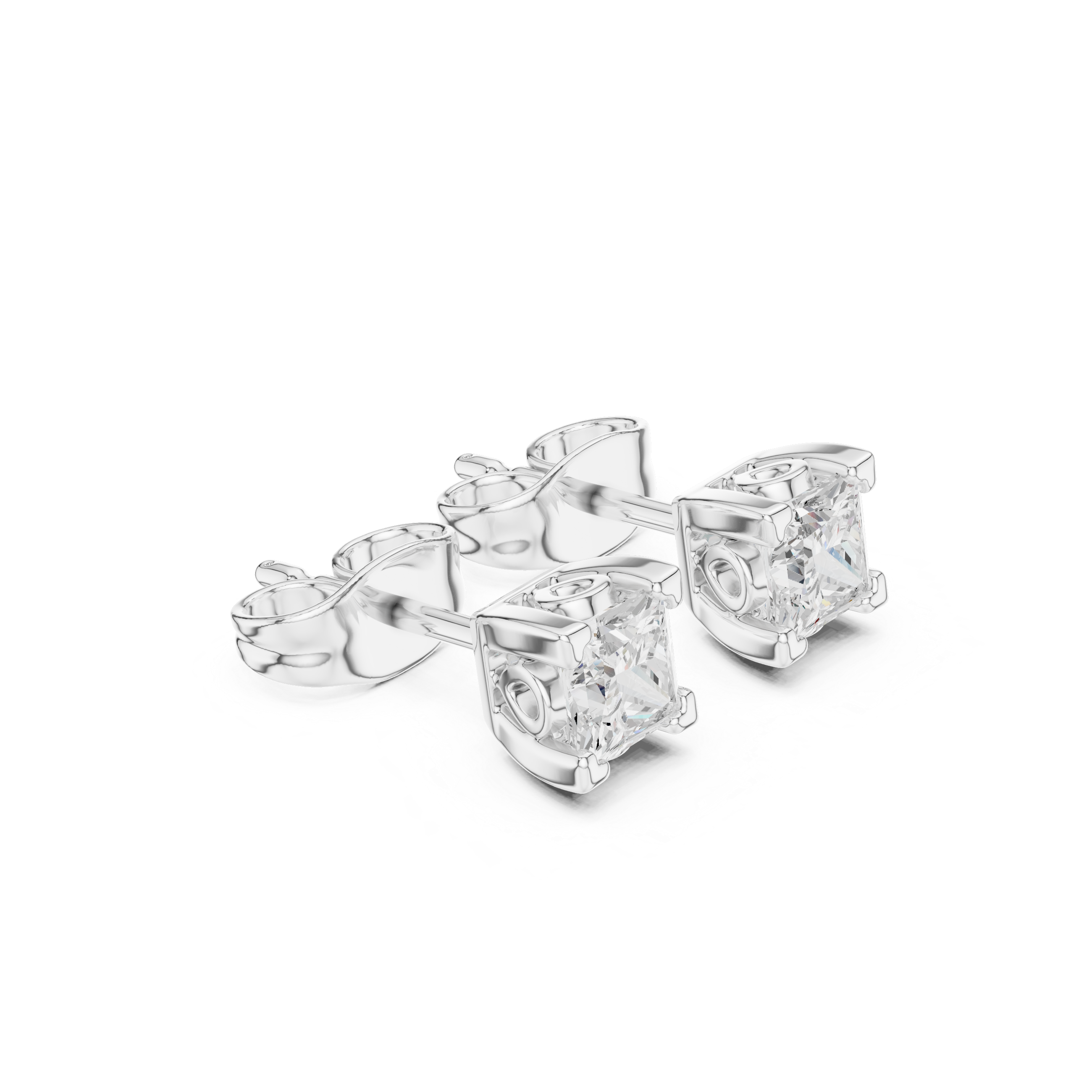 Princess cut solitaire stud earrings with a four-corner bracket claw setting