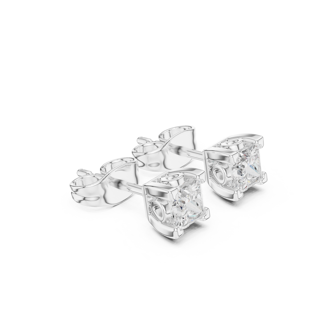 Princess cut solitaire stud earrings with a four-corner bracket claw setting