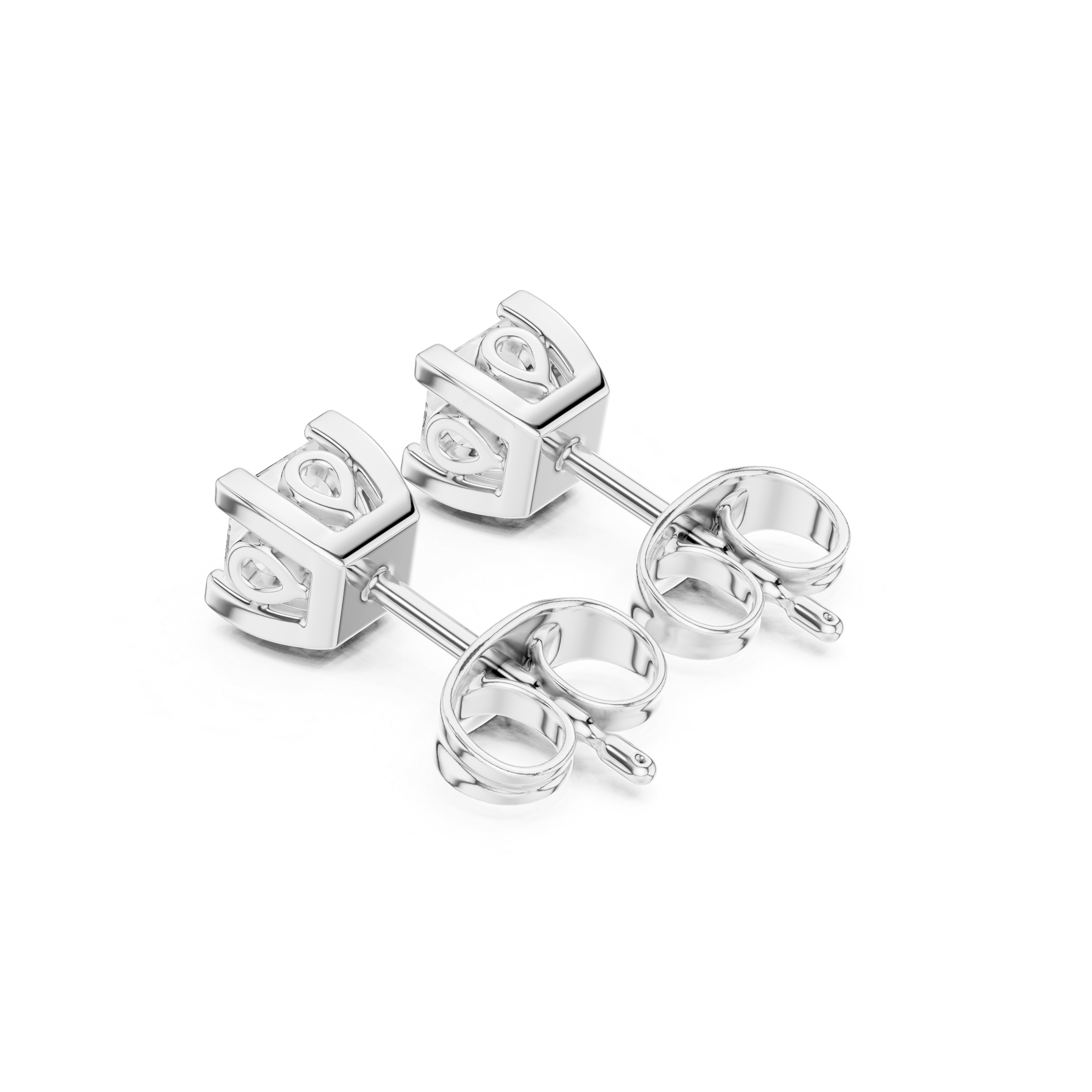 Princess cut solitaire stud earrings with a four-corner bracket claw setting