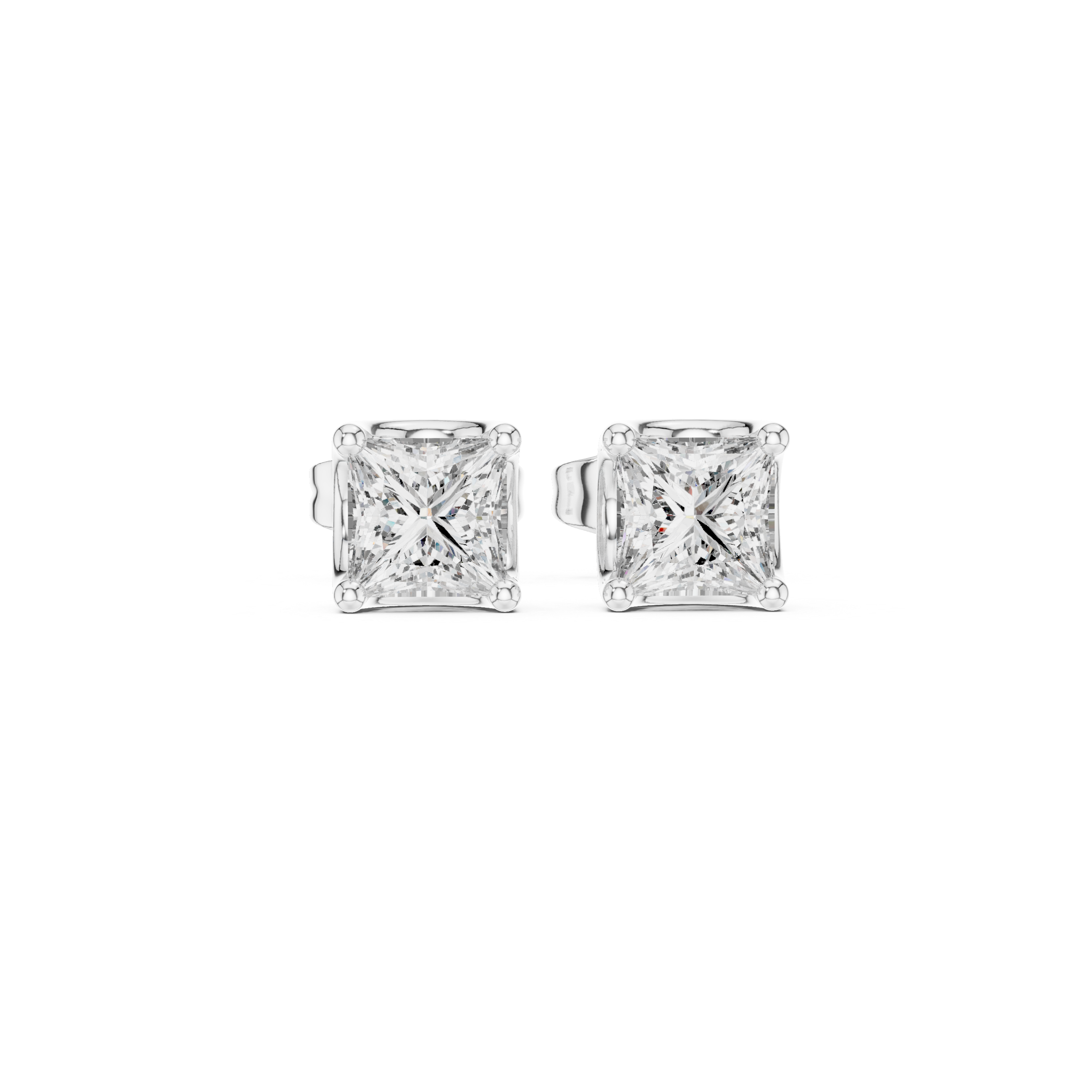 Princess cut solitaire stud earrings with large four prong set square princess cut centre stone
